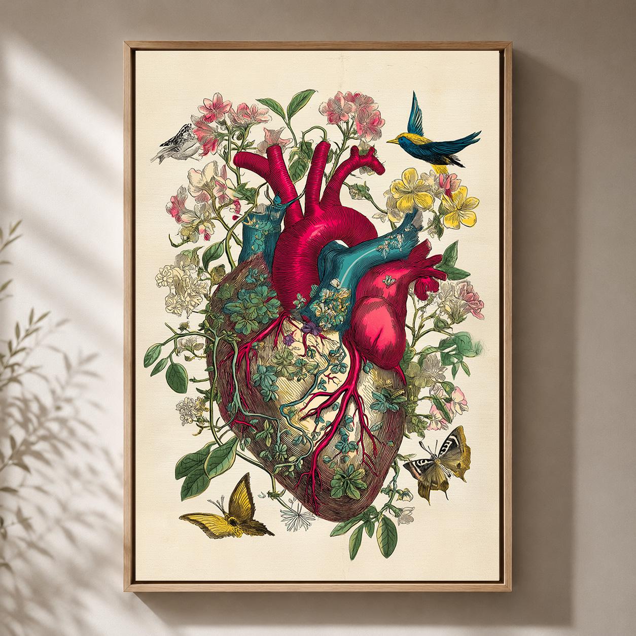 Framed Canvas Anatomical Heart Wall Art, Gothic Botanical Canvas Print, Vintage Floral Anatomy Decor by The Wall Art Studi...