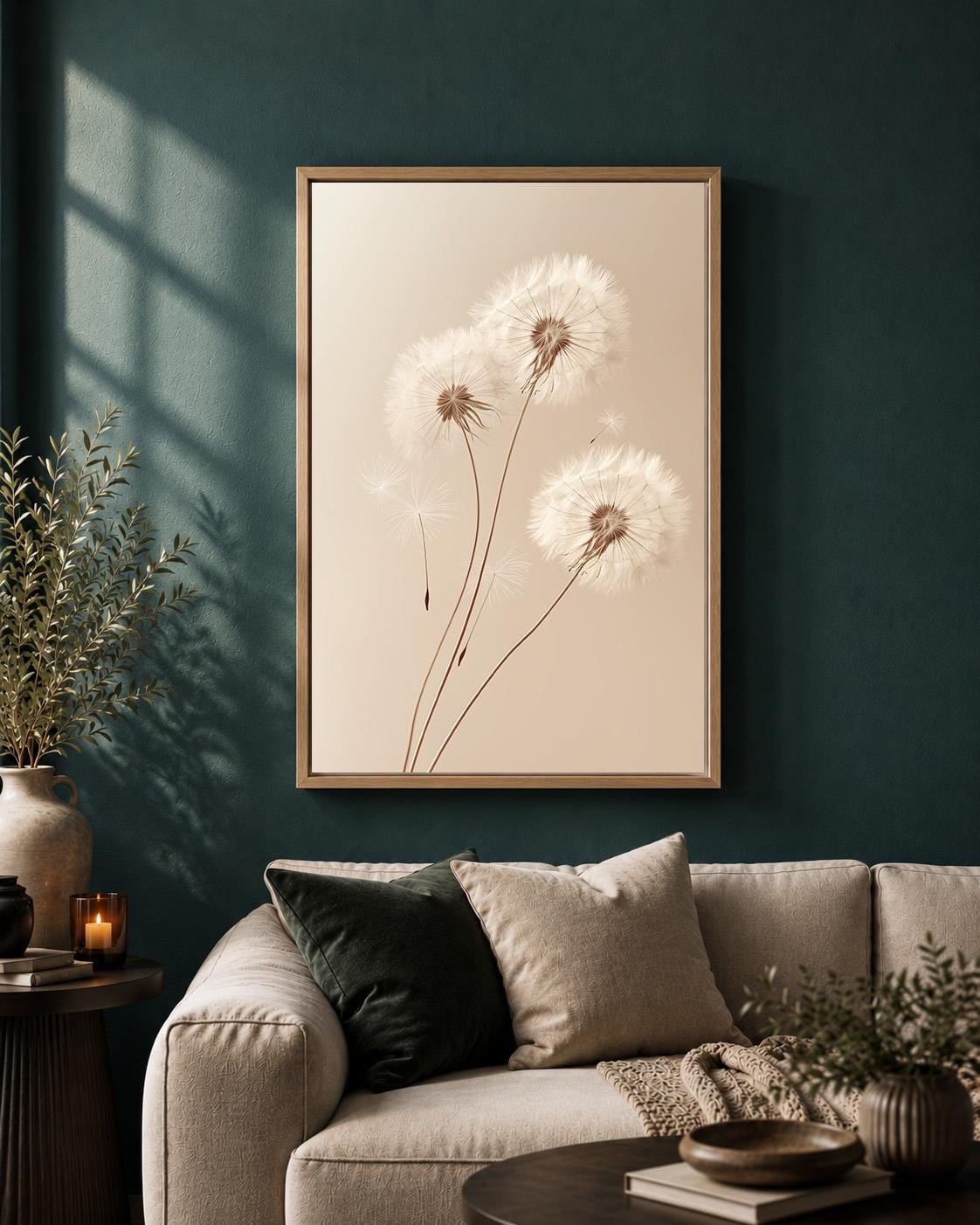 Framed Canvas Minimal Dandelion Framed Canvas, Neutral Beige Botanical Print, Scandinavian Nature Decor by The Wall Art St...