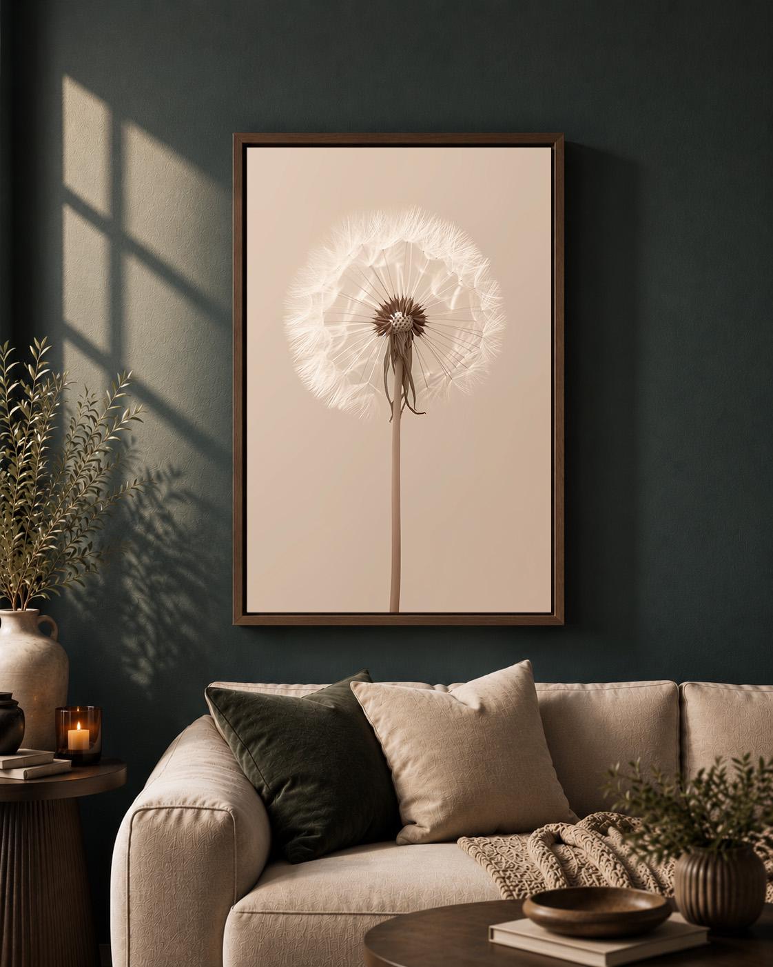 Framed Canvas Minimal Dandelion Wall Art, Neutral Beige Botanical Print, Scandinavian Nature Decor by The Wall Art Studio...