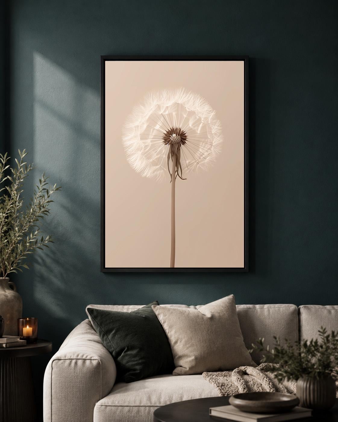 Framed Canvas Minimal Dandelion Wall Art, Neutral Beige Botanical Print, Scandinavian Nature Decor by The Wall Art Studio...