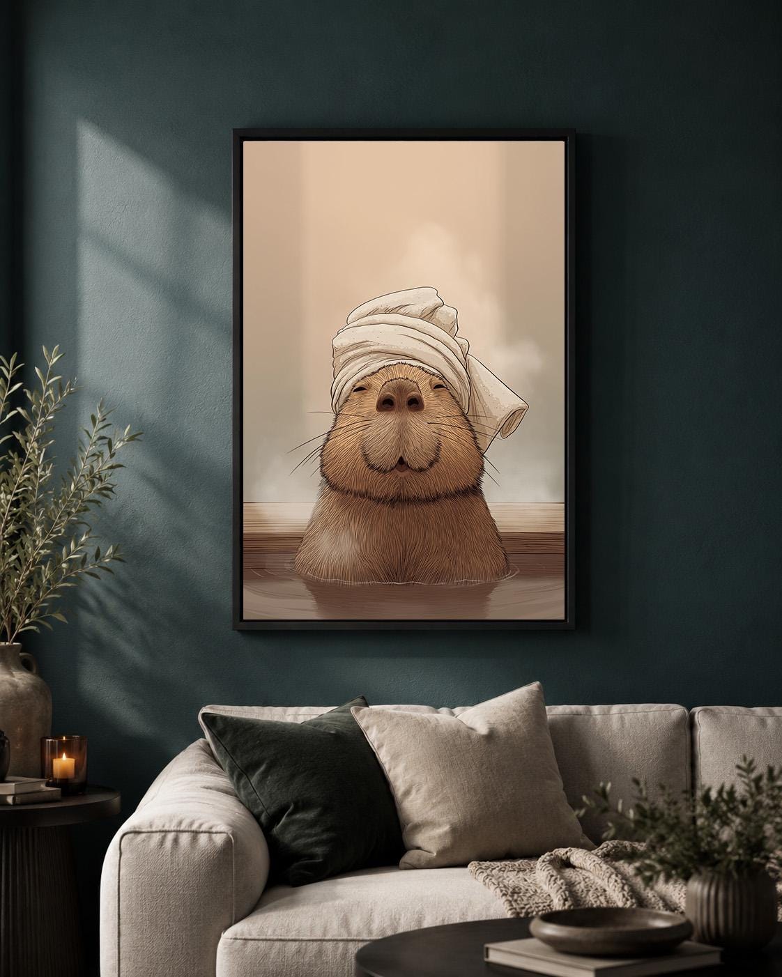 Framed Capybara Spa Framed Canvas Art, Whimsical Animal Bathroom Decor by The Wall Art Studio - physical