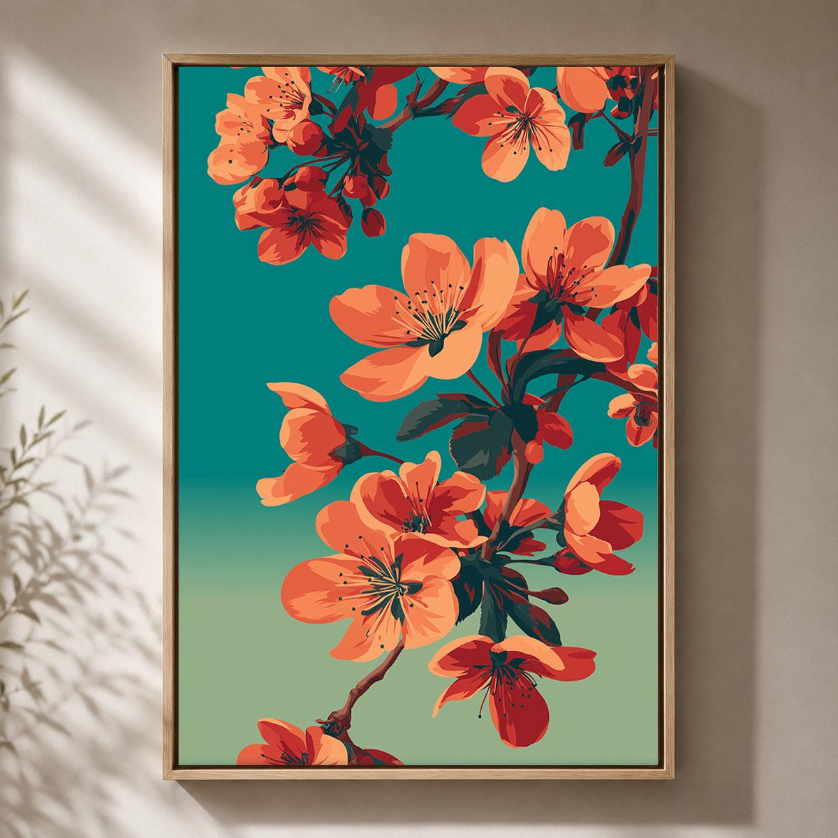 Framed Coral Cherry Blossom Framed Canvas Art, Japandi Floral Mid Century Modern Decor by The Wall Art Studio - physical