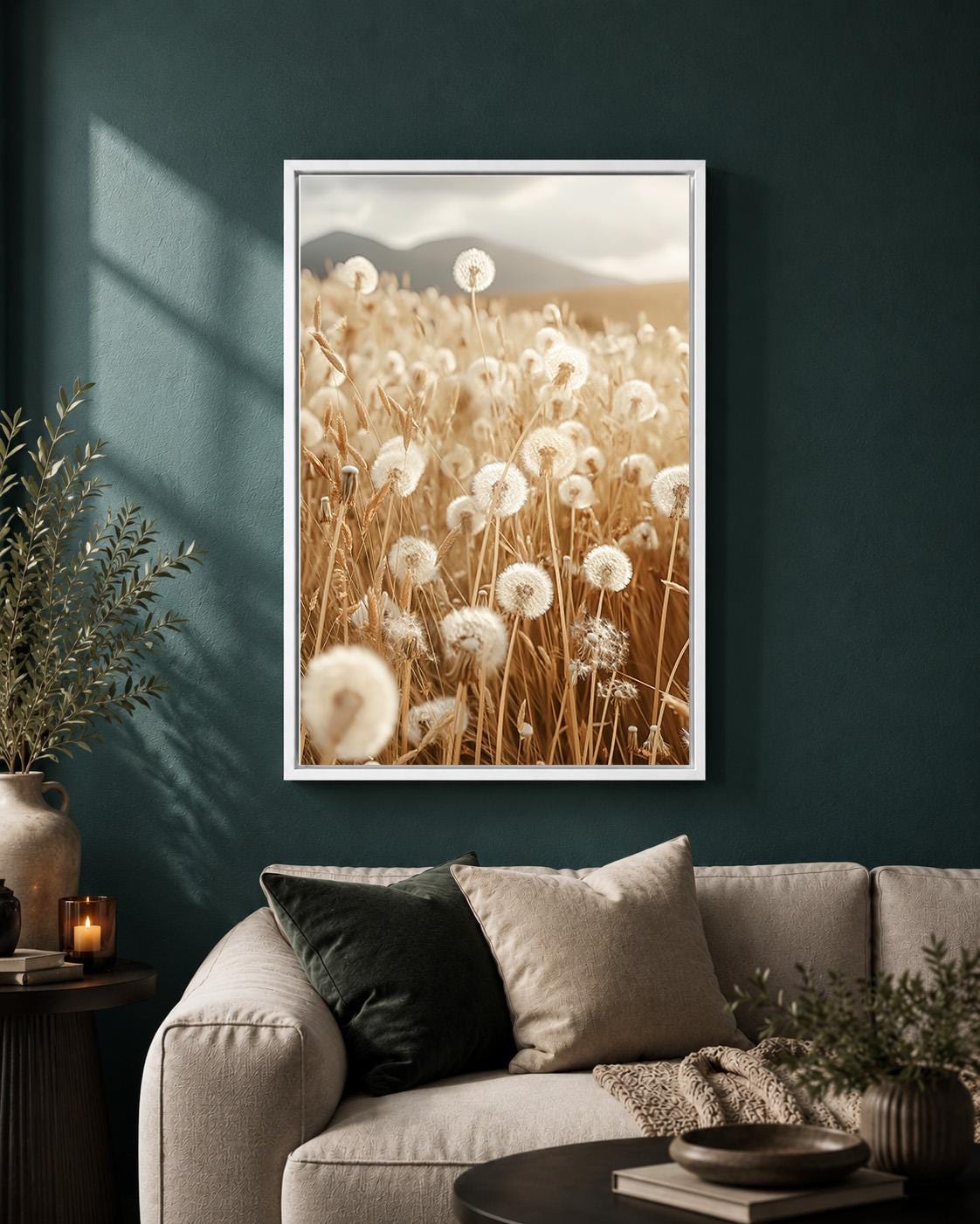 Framed Dandelion Framed Canvas Art, Soft Pink Botanical Print, Minimal Floral Decor by The Wall Art Studio - physical