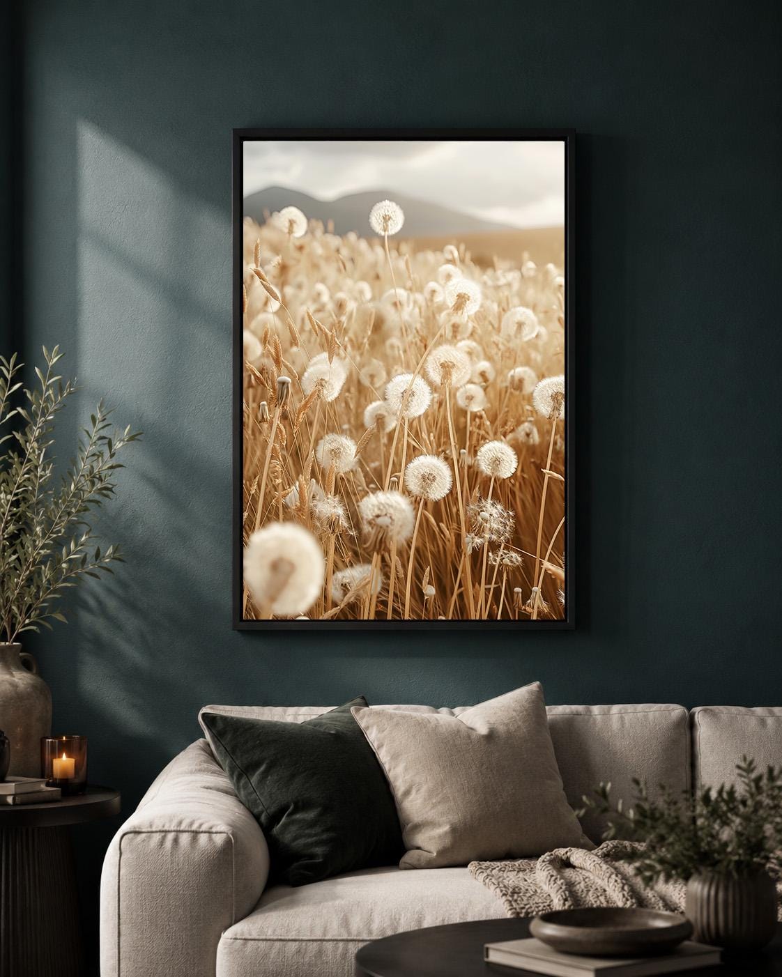 Framed Dandelion Framed Canvas Art, Soft Pink Botanical Print, Minimal Floral Decor by The Wall Art Studio - physical
