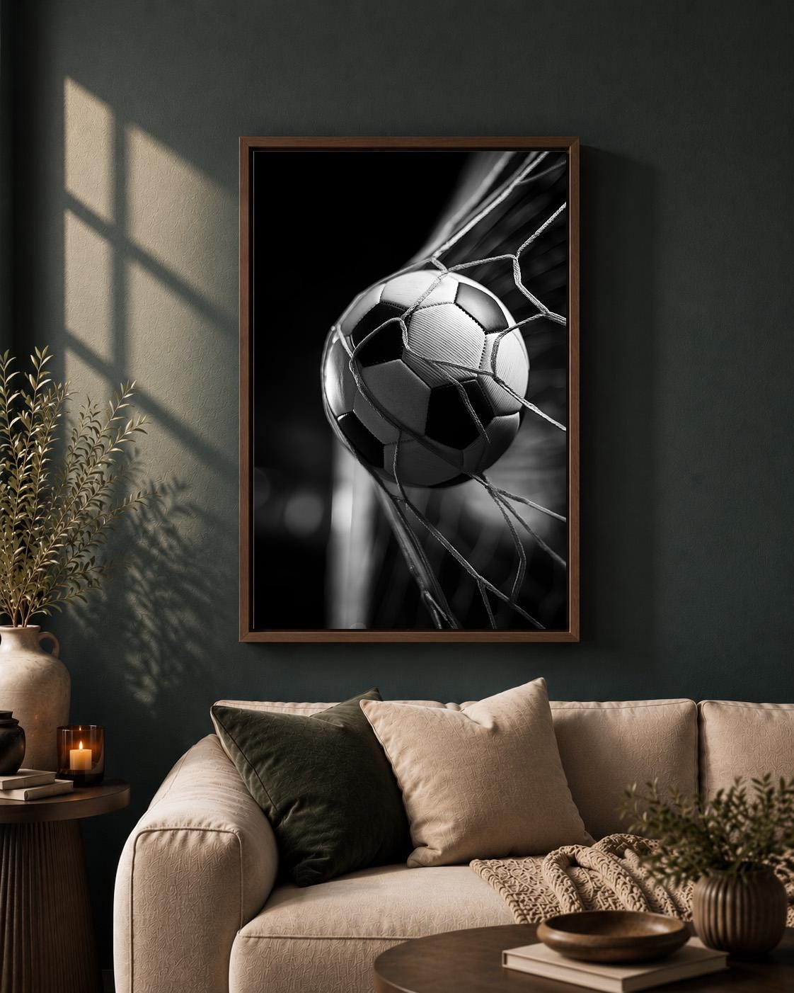 Framed Football Goal Framed Canvas Art, Black White Soccer Print, Sports Photography Wall Decor by The Wall Art Studio - p...