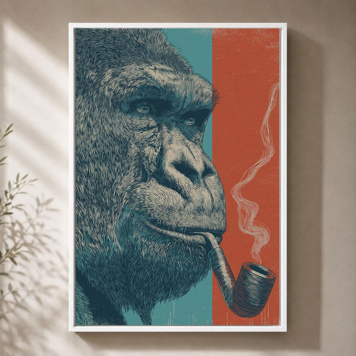 Framed Gorilla Framed Canvas Wall Art, Smoking Gorilla Artwork, Modern Animal Canvas Print, Masculine Man Cave Decor, Larg...