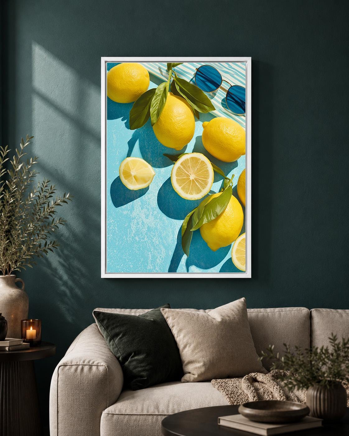 Framed Lemon Framed Canvas Art, Mediterranean Citrus Kitchen Print, Summer Coastal Artwork by The Wall Art Studio - physical
