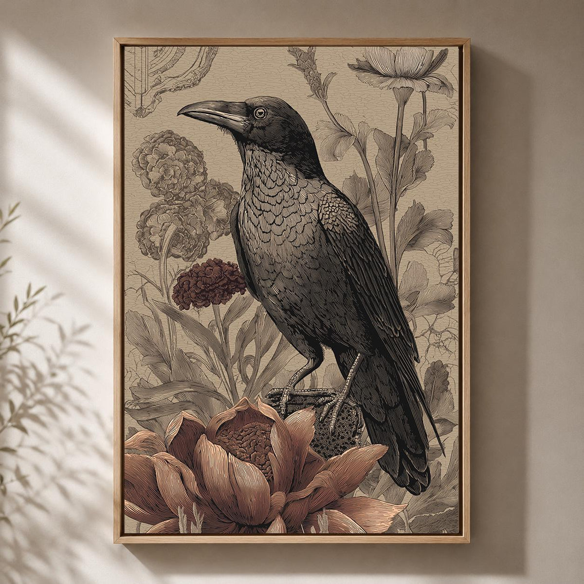 Framed Raven Botanical Framed Canvas Art, Vintage Gothic Woodland Nature Decor by The Wall Art Studio - physical