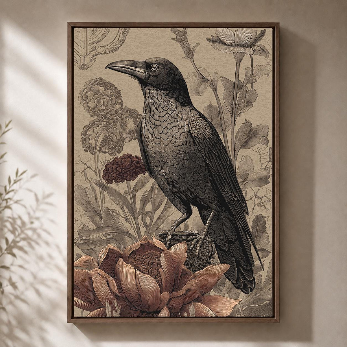 Framed Raven Botanical Framed Canvas Art, Vintage Gothic Woodland Nature Decor by The Wall Art Studio - physical