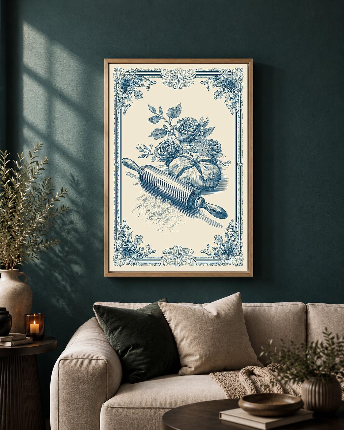 French Country Kitchen Framed Canvas Art, Vintage Bread Rolling Pin Print, Blue Toile Decor by The Wall Art Studio - physical