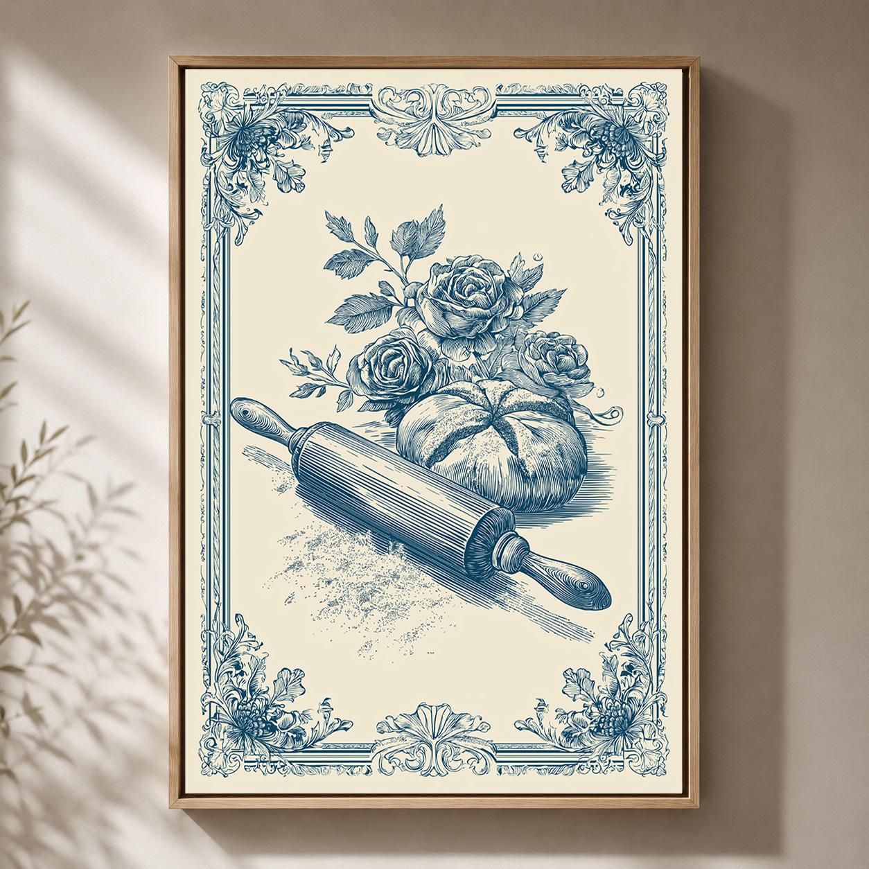 French Country Kitchen Framed Canvas Art, Vintage Bread Rolling Pin Print, Blue Toile Decor by The Wall Art Studio - physical