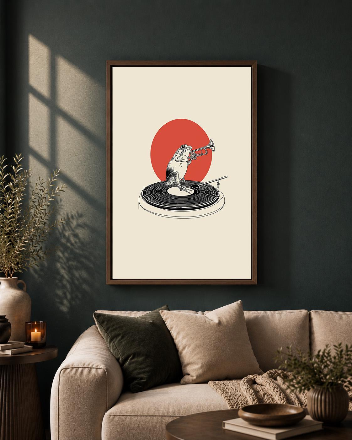 Frog Trumpet Player Framed Canvas, Minimalist Musician Animal Print, Vinyl Record Decor Framed Canvas by The Wall Art Stud...
