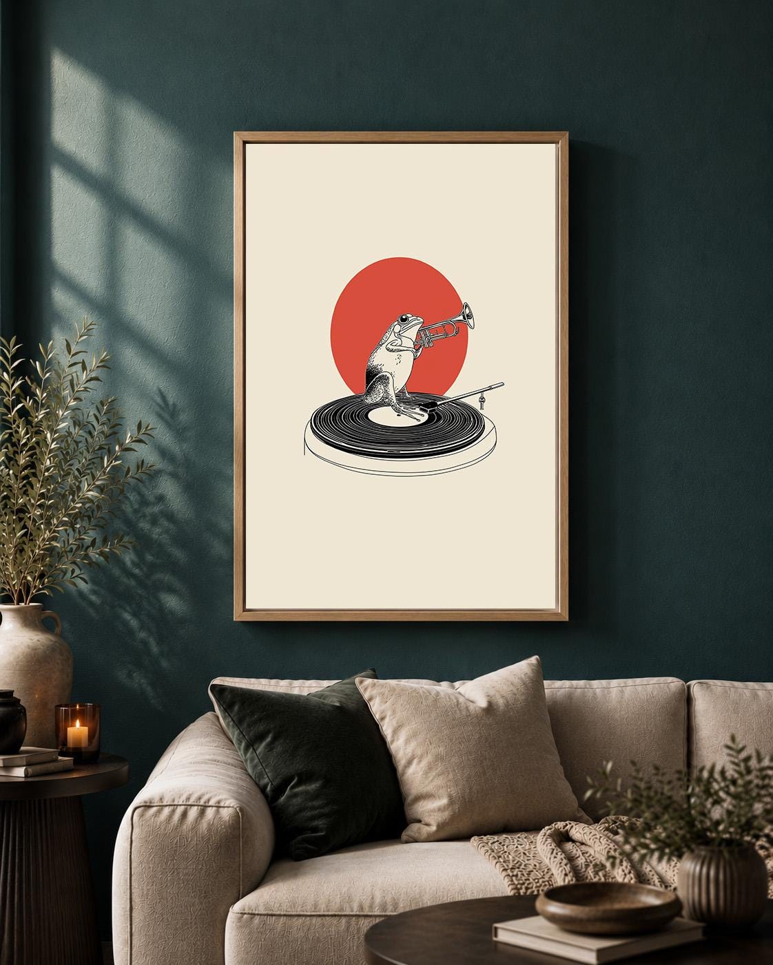 Frog Trumpet Player Framed Canvas, Minimalist Musician Animal Print, Vinyl Record Decor Framed Canvas by The Wall Art Stud...