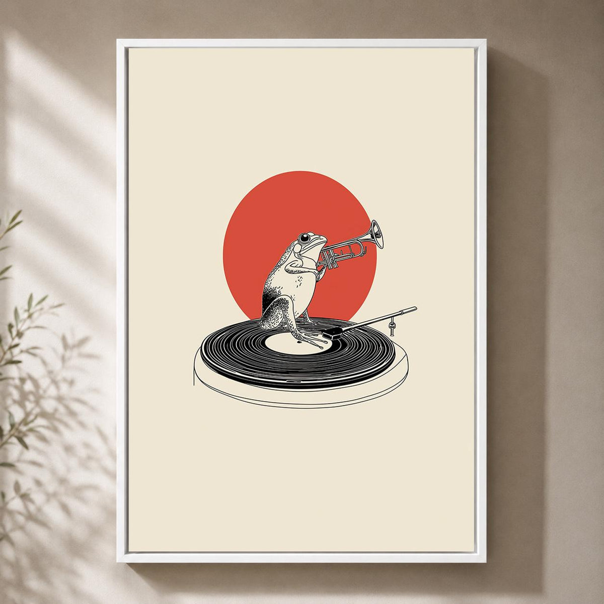 Frog Trumpet Player Framed Canvas, Minimalist Musician Animal Print, Vinyl Record Decor Framed Canvas by The Wall Art Stud...