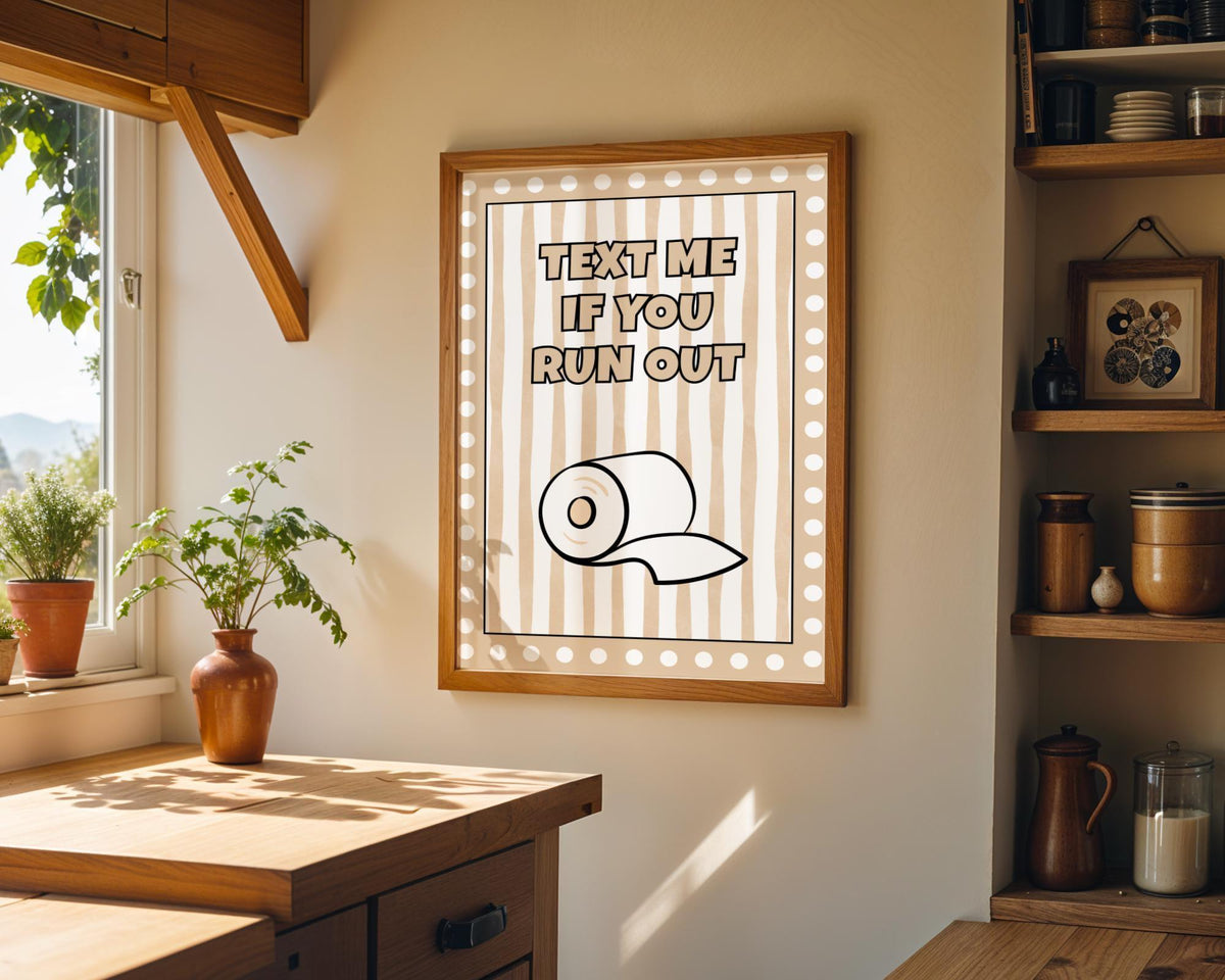 Funny Bathroom Wall Art • Text Me If You Run Out • Beige Bathroom Décor • Toilet Paper Quote Sign by The Wall Art Studio -...