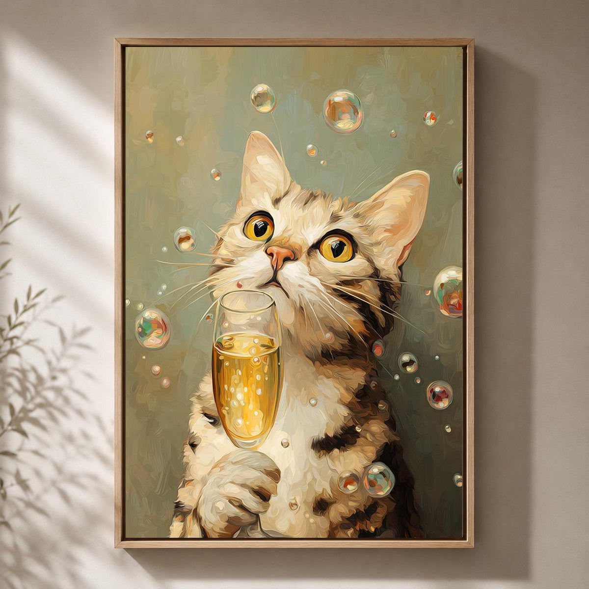Funny Champagne Cat Framed Canvas Art, Whimsical Animal Bar Decor by The Wall Art Studio - physical
