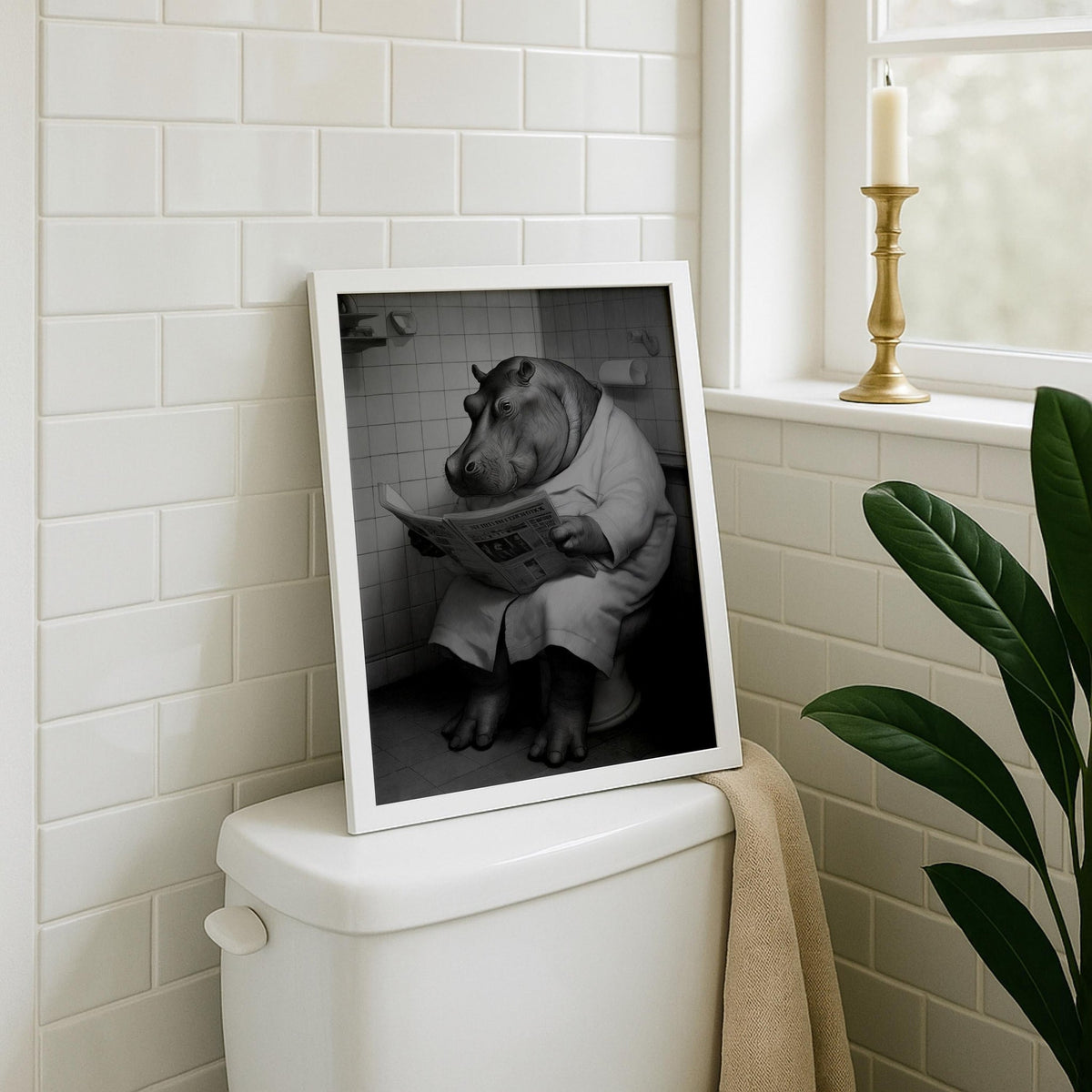 Funny Hippo Bathroom Art Print • Humorous Animal Wall Décor • Hippo on Toilet Reading Newspaper • Quirky Bathroom Artwork...