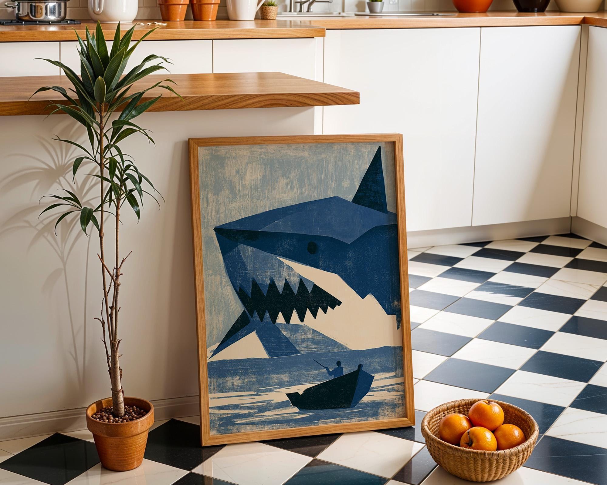 Geometric Shark Wall Art, Modern Ocean Print, Minimalist Marine Poster, Coastal Beach House Decor (Framed Option) by The W...