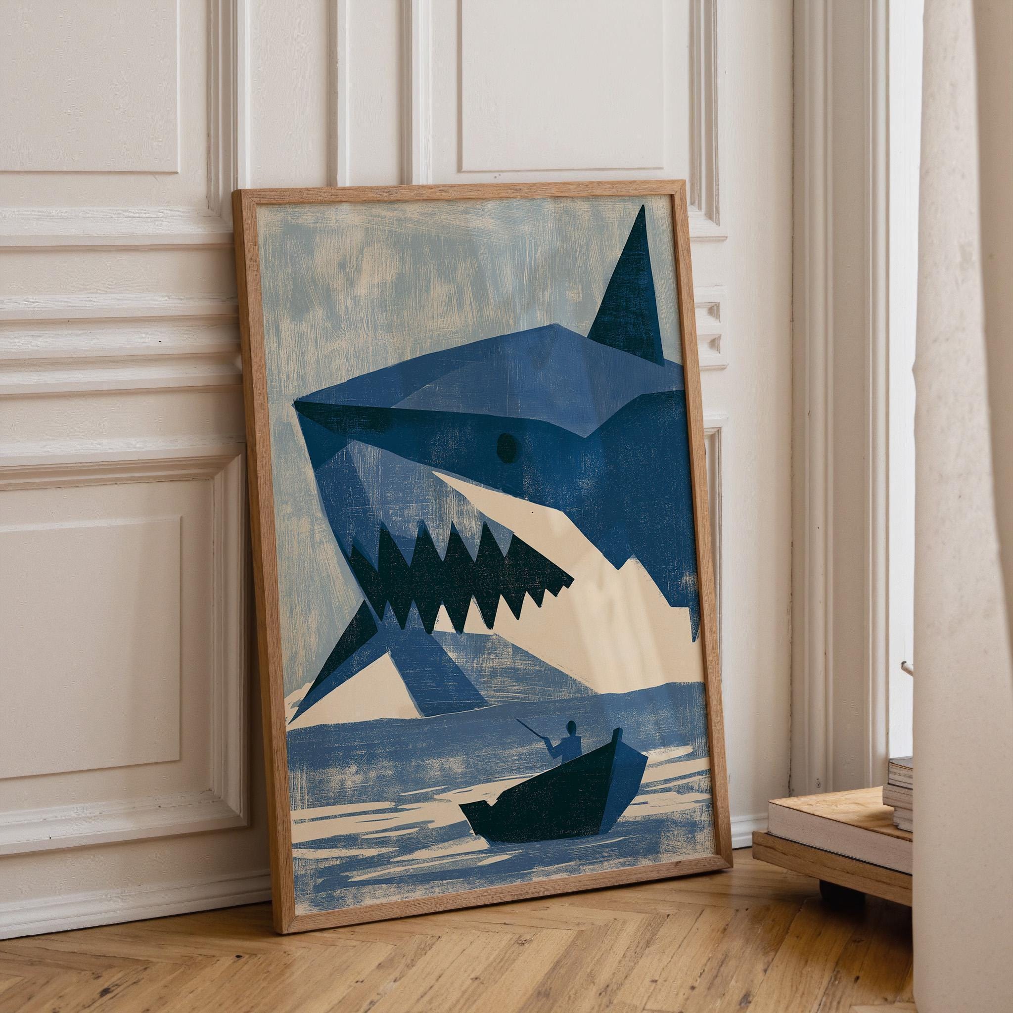 Geometric Shark Wall Art, Modern Ocean Print, Minimalist Marine Poster, Coastal Beach House Decor (Framed Option) by The W...