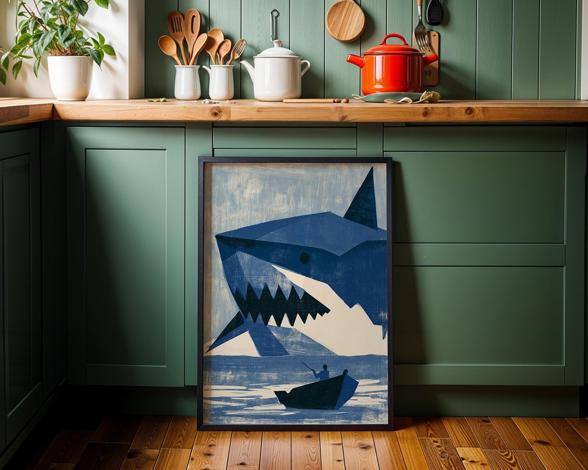 Geometric Shark Wall Art, Modern Ocean Print, Minimalist Marine Poster, Coastal Beach House Decor (Framed Option) by The W...