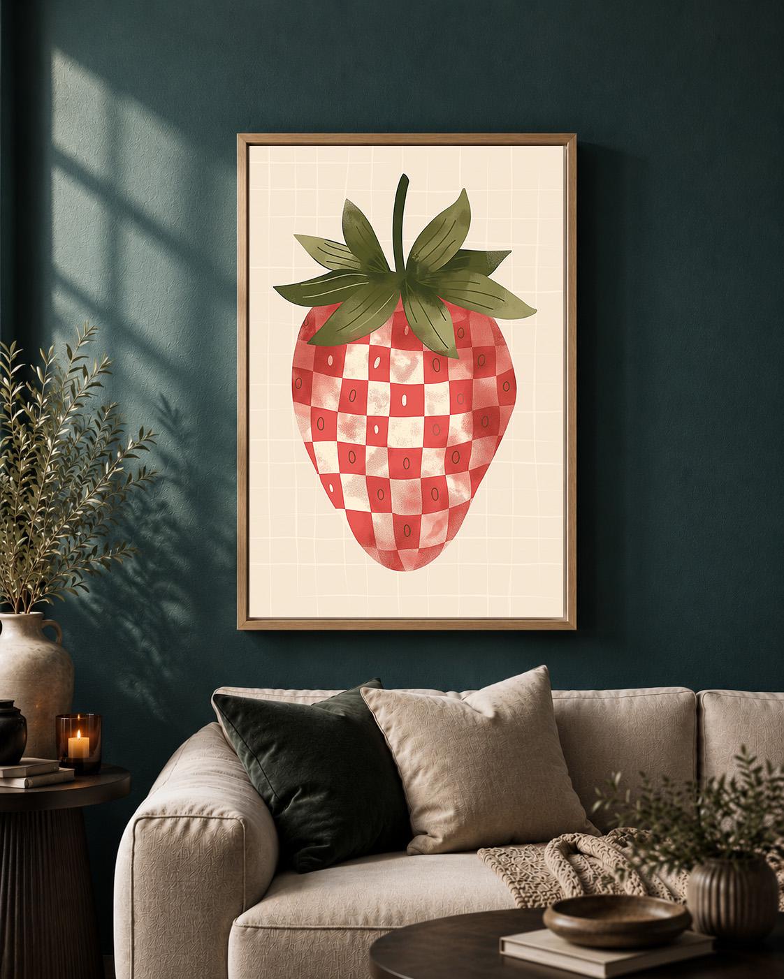 Gingham Strawberry Framed Canvas Art, Cottagecore Kitchen Decor, Retro Fruit Print by The Wall Art Studio - physical