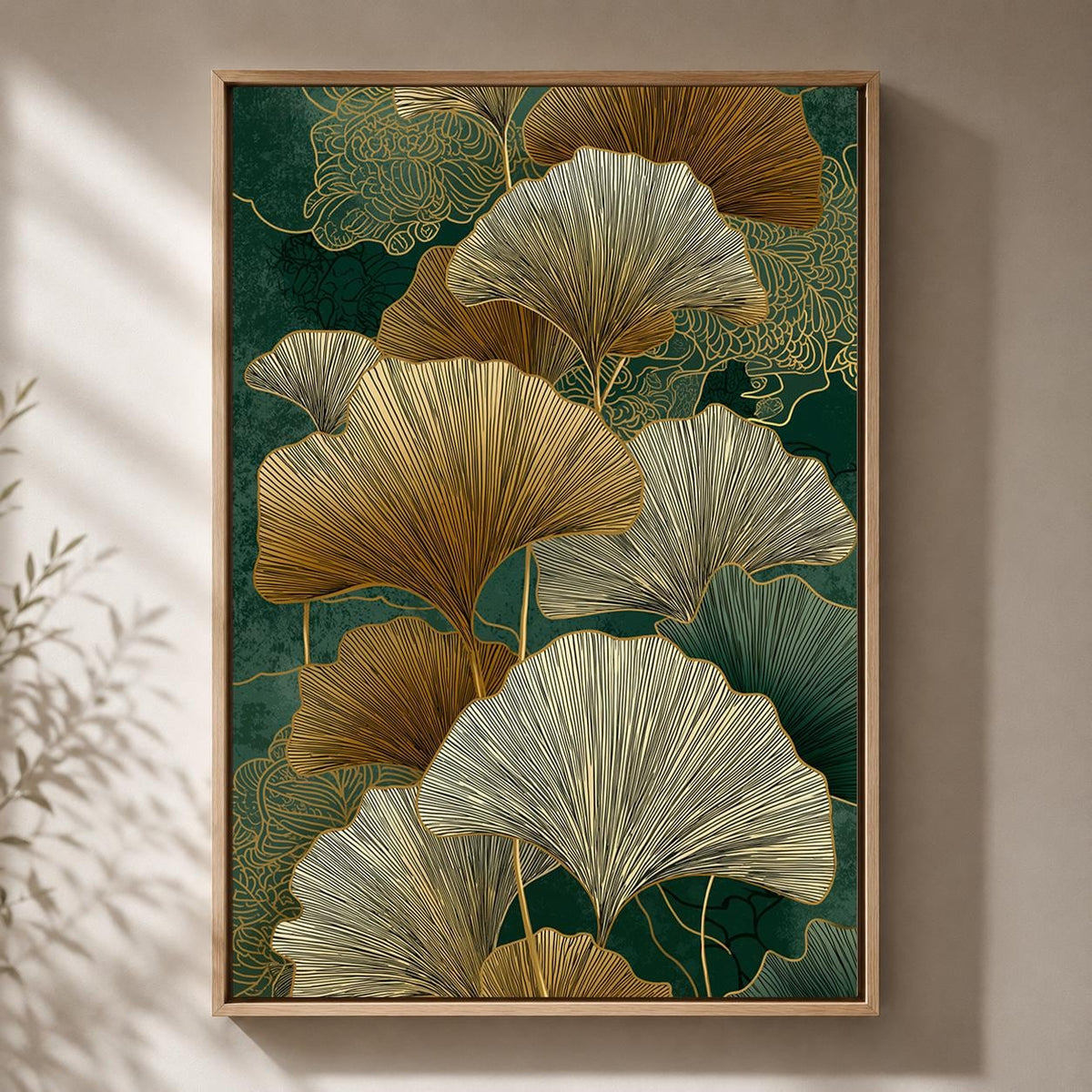Gold Ginkgo Leaf Framed Canvas Art, Japandi Botanical Nature Decor by The Wall Art Studio - physical