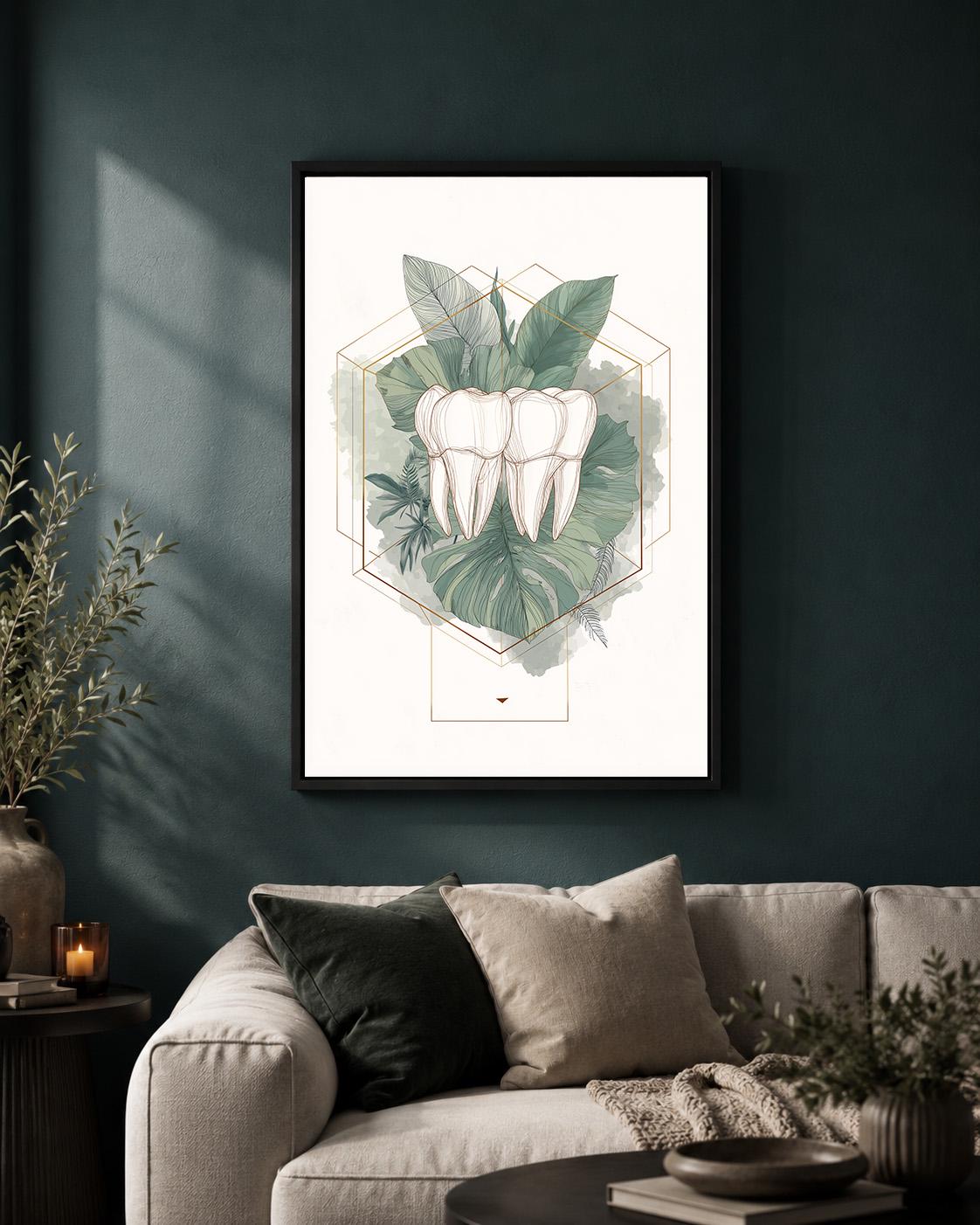Gold Tooth Botanical Print, Framed Canvas Wall Art, Dental Clinic Decor by The Wall Art Studio - physical
