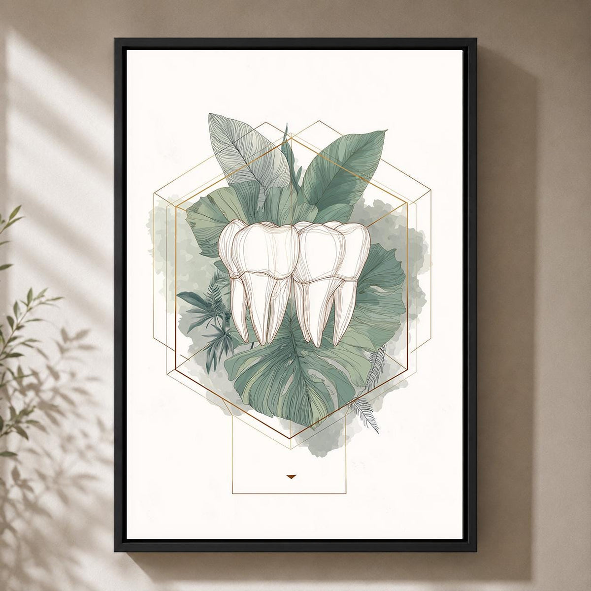 Gold Tooth Botanical Print, Framed Canvas Wall Art, Dental Clinic Decor by The Wall Art Studio - physical