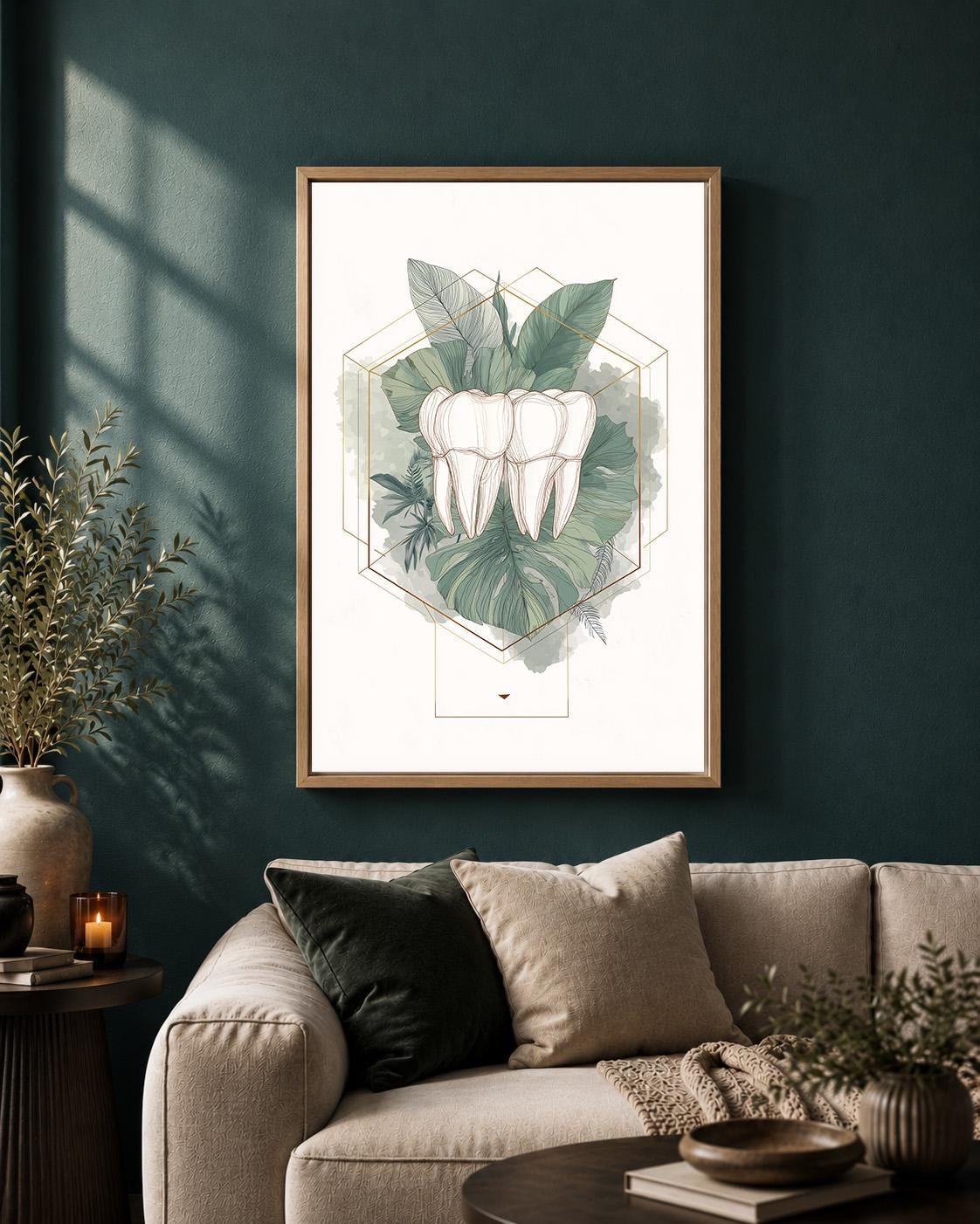 Gold Tooth Botanical Print, Framed Canvas Wall Art, Dental Clinic Decor by The Wall Art Studio - physical