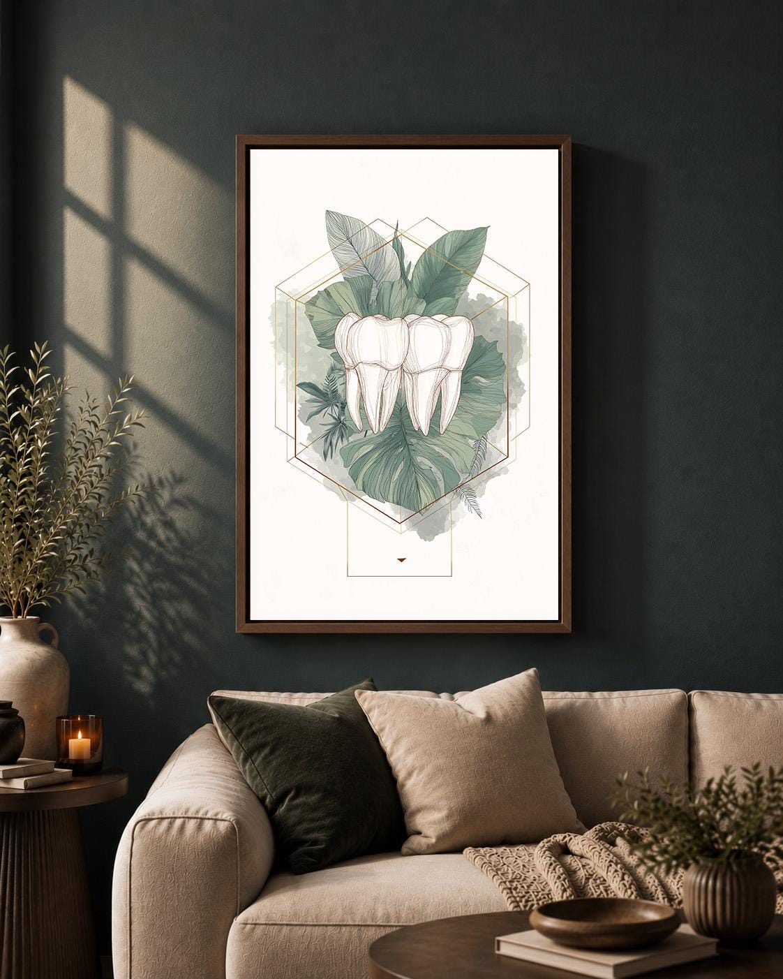 Gold Tooth Botanical Print, Framed Canvas Wall Art, Dental Clinic Decor by The Wall Art Studio - physical
