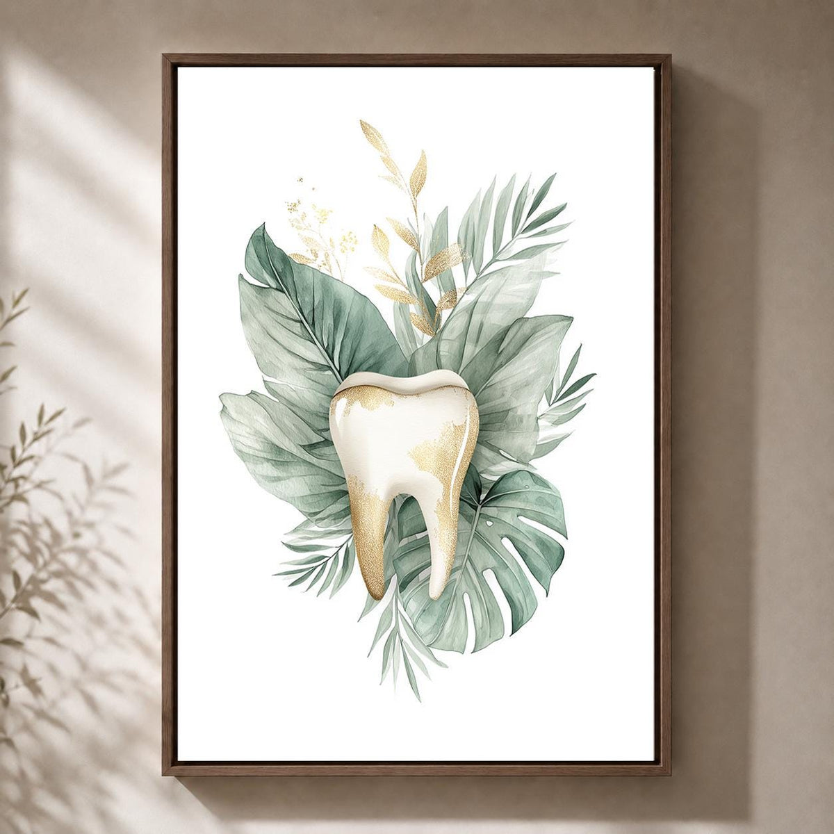 Gold Tooth Botanical Print, Framed Canvas Wall Art, Dental Clinic Decor by The Wall Art Studio - physical