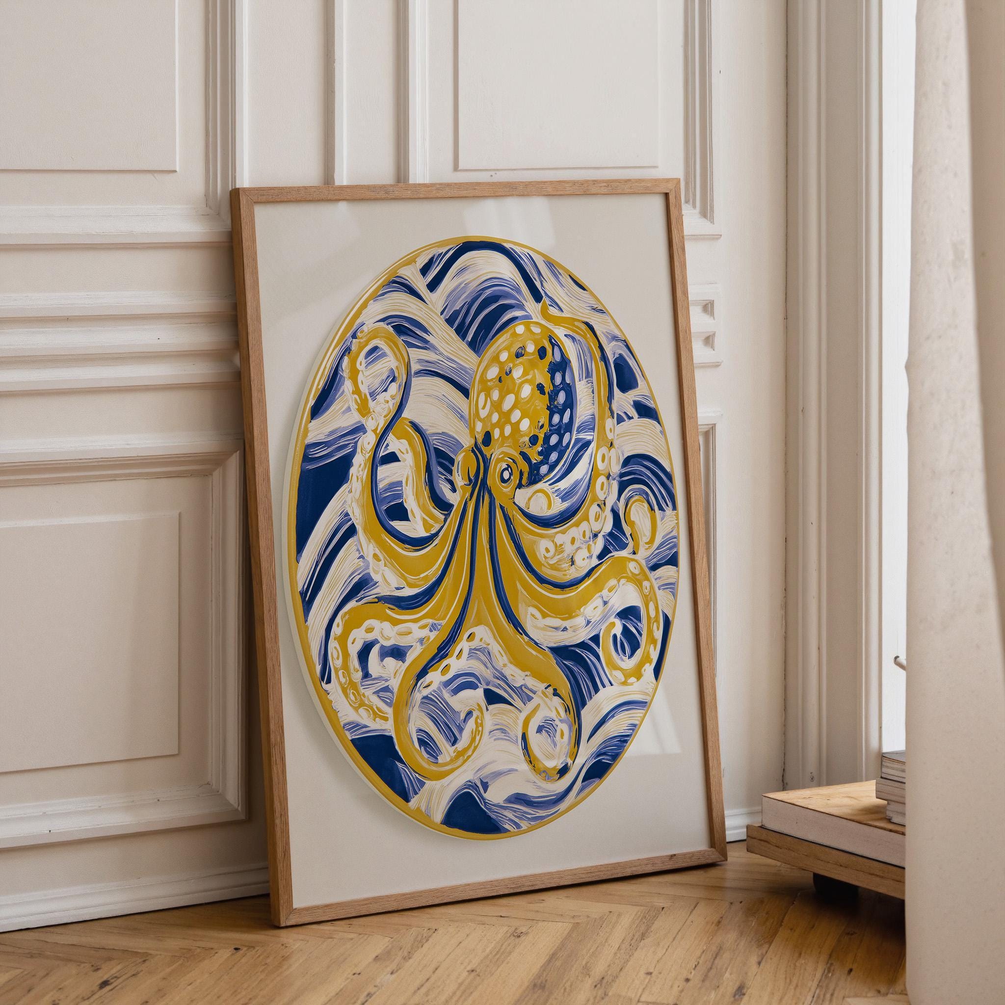Golden Octopus Wall Art, Coastal Nautical Marine Life Print (Framed Option) by The Wall Art Studio - physical
