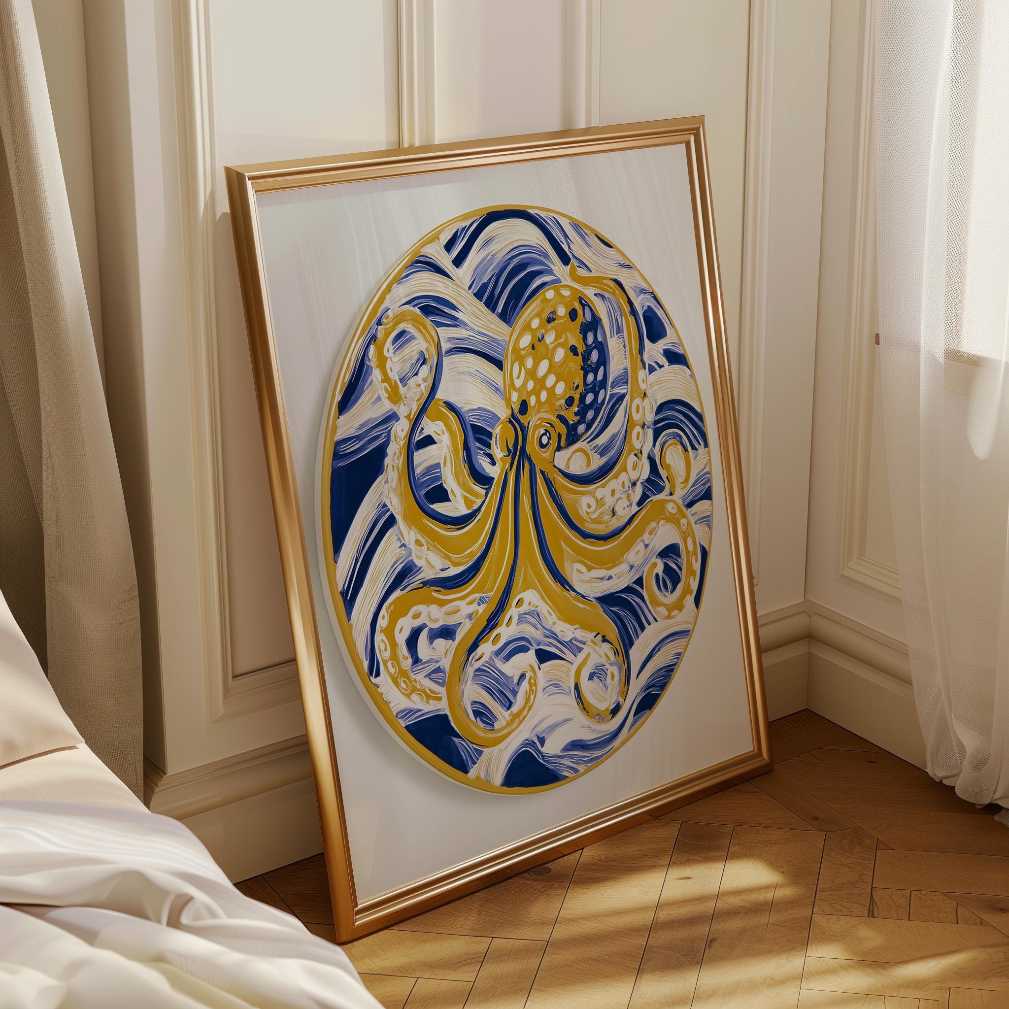 Golden Octopus Wall Art, Coastal Nautical Marine Life Print (Framed Option) by The Wall Art Studio - physical