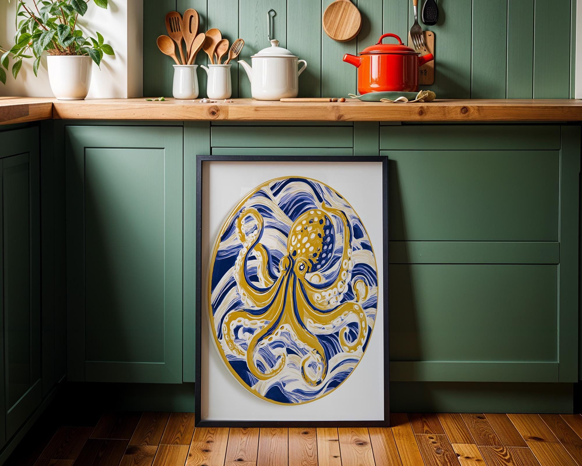 Golden Octopus Wall Art, Coastal Nautical Marine Life Print (Framed Option) by The Wall Art Studio - physical
