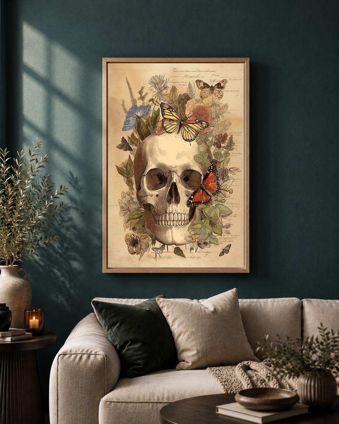 Gothic Skull Butterfly Anatomy Framed Canvas, Dark Academia Botanical Canvas Decor by The Wall Art Studio - physical