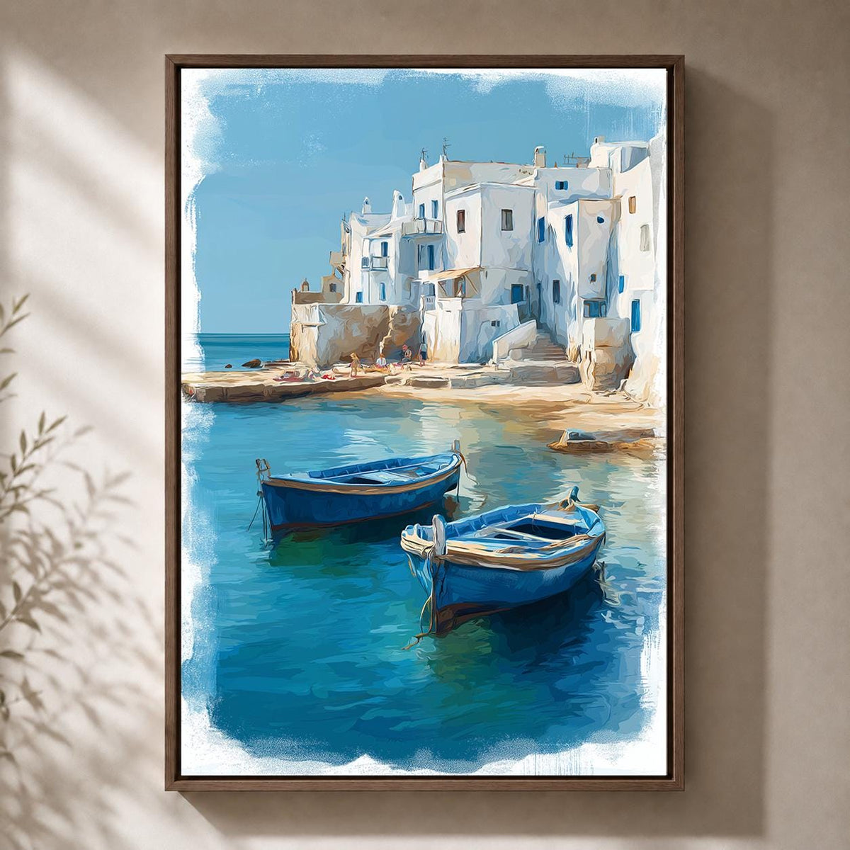 Greek Coastal Village Framed Canvas Art, Mediterranean Seascape Print, Blue Boats Santorini Style Decor by The Wall Art St...