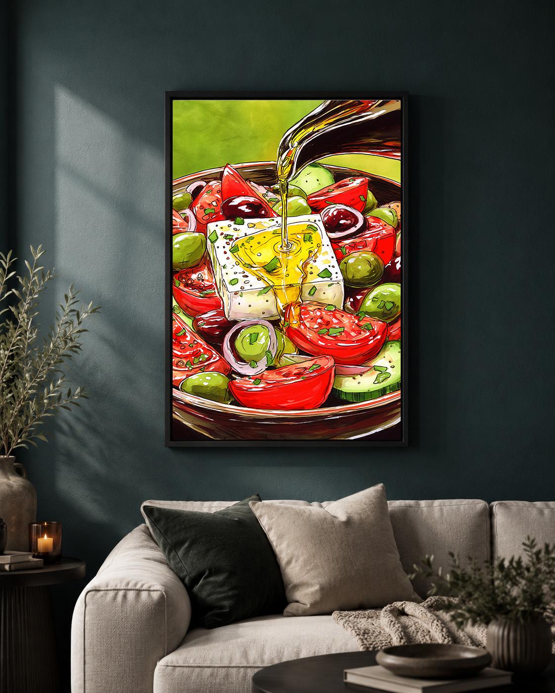 Greek Salad Framed Canvas Wall Art, Mediterranean Kitchen Framed Canvas, Feta Olive Canvas Wall Art, Food Lover Decor by T...