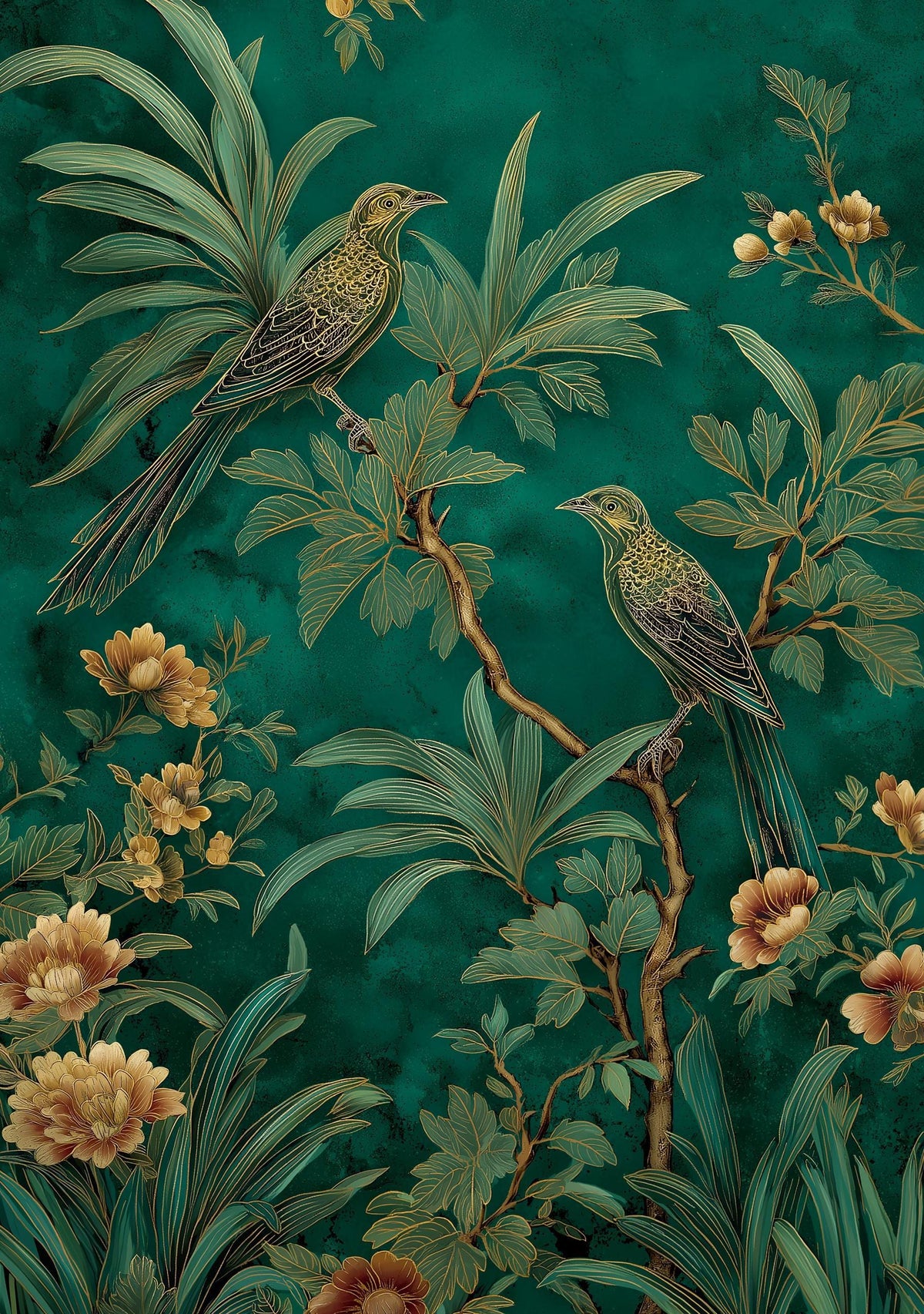Green Chinoiserie Wall Art, Botanical Bird Print, Emerald Asian Decor by The Wall Art Studio - physical
