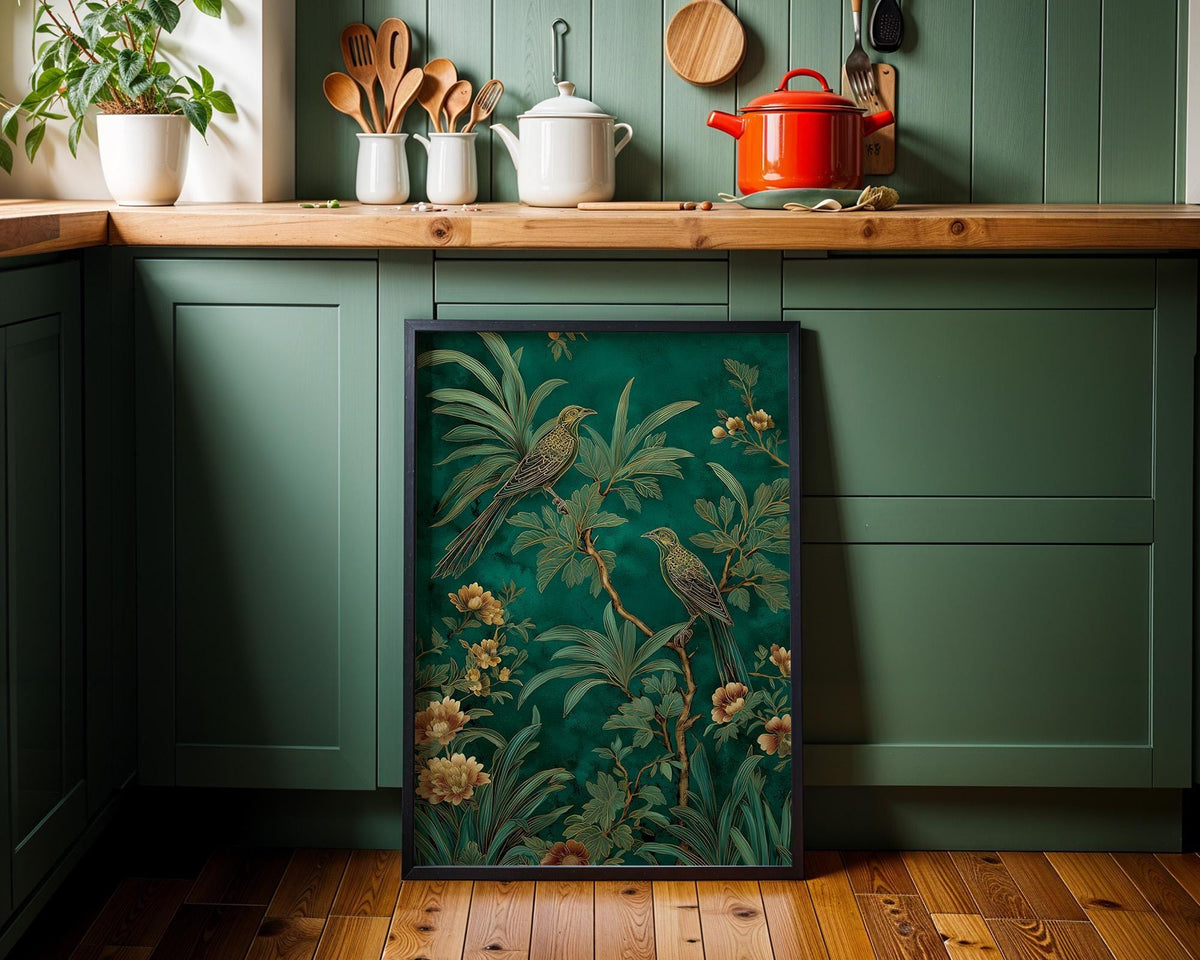 Green Chinoiserie Wall Art, Botanical Bird Print, Emerald Asian Decor by The Wall Art Studio - physical