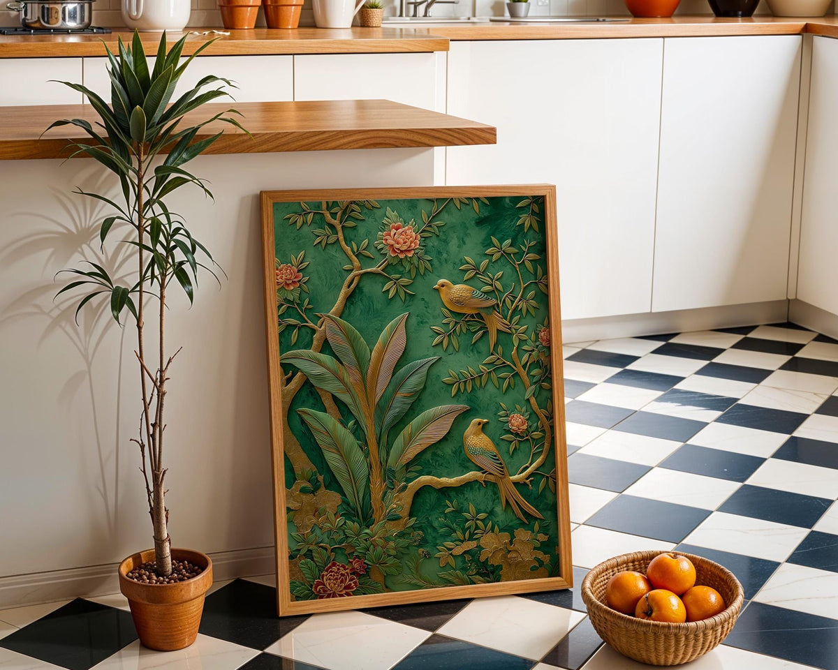 Green Chinoiserie Wall Art, Botanical Bird Print, Emerald Asian Decor by The Wall Art Studio - physical