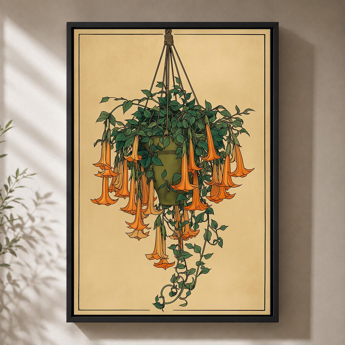 Hanging Angel Trumpet Botanical Framed Canvas, Vintage Flower Framed Canvas Artwork by The Wall Art Studio - physical