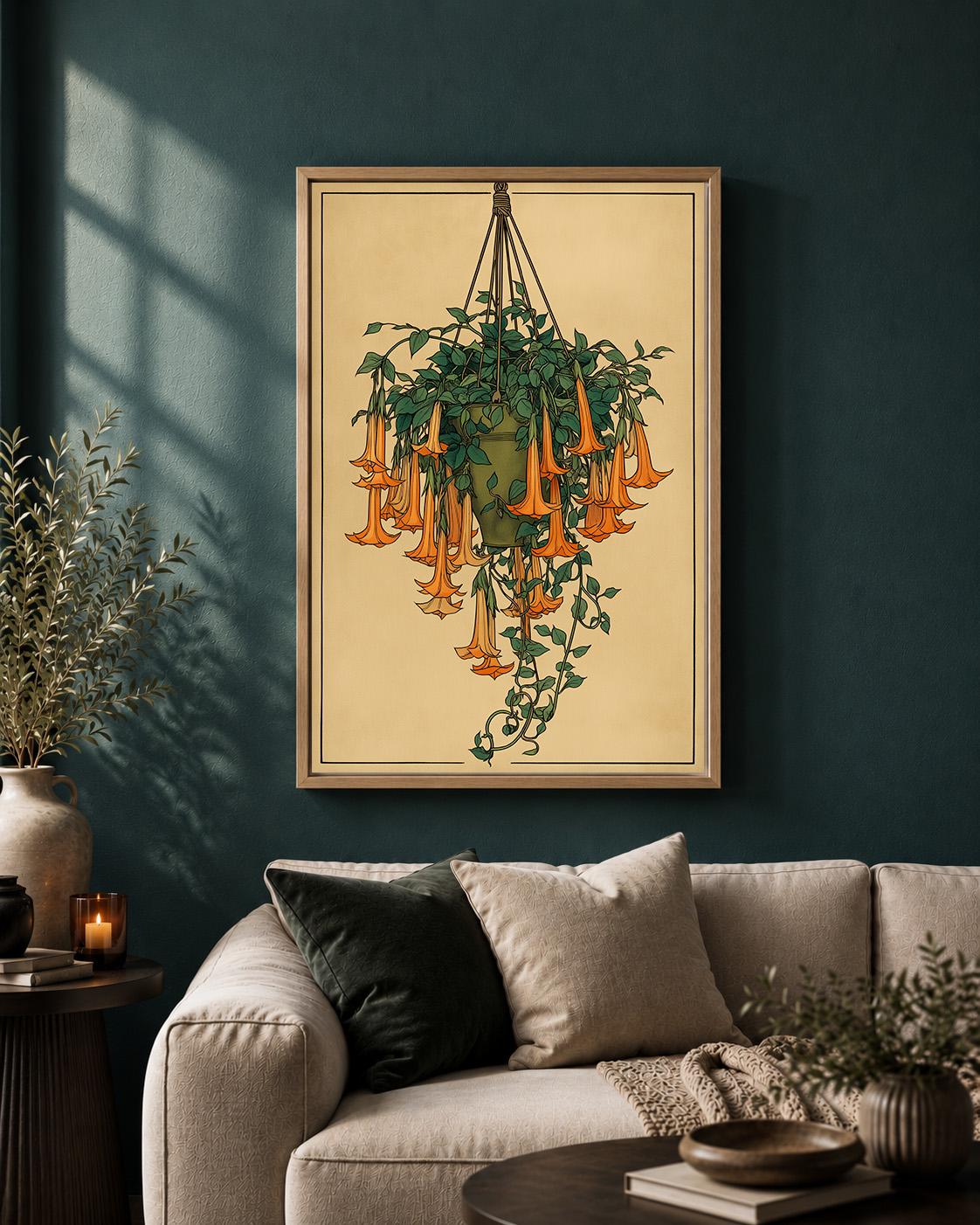 Hanging Angel Trumpet Botanical Framed Canvas, Vintage Flower Framed Canvas Artwork by The Wall Art Studio - physical
