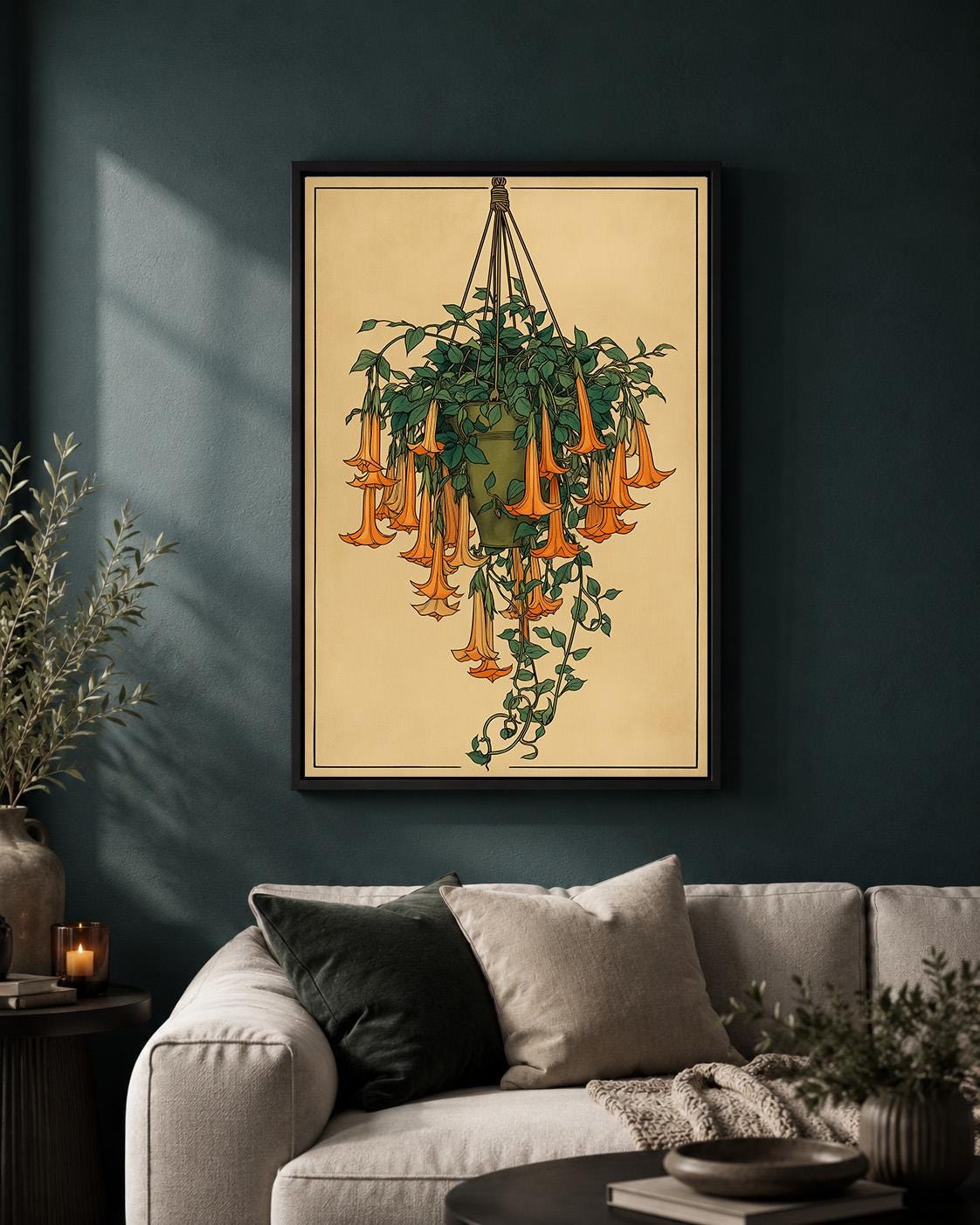Hanging Angel Trumpet Botanical Framed Canvas, Vintage Flower Framed Canvas Artwork by The Wall Art Studio - physical