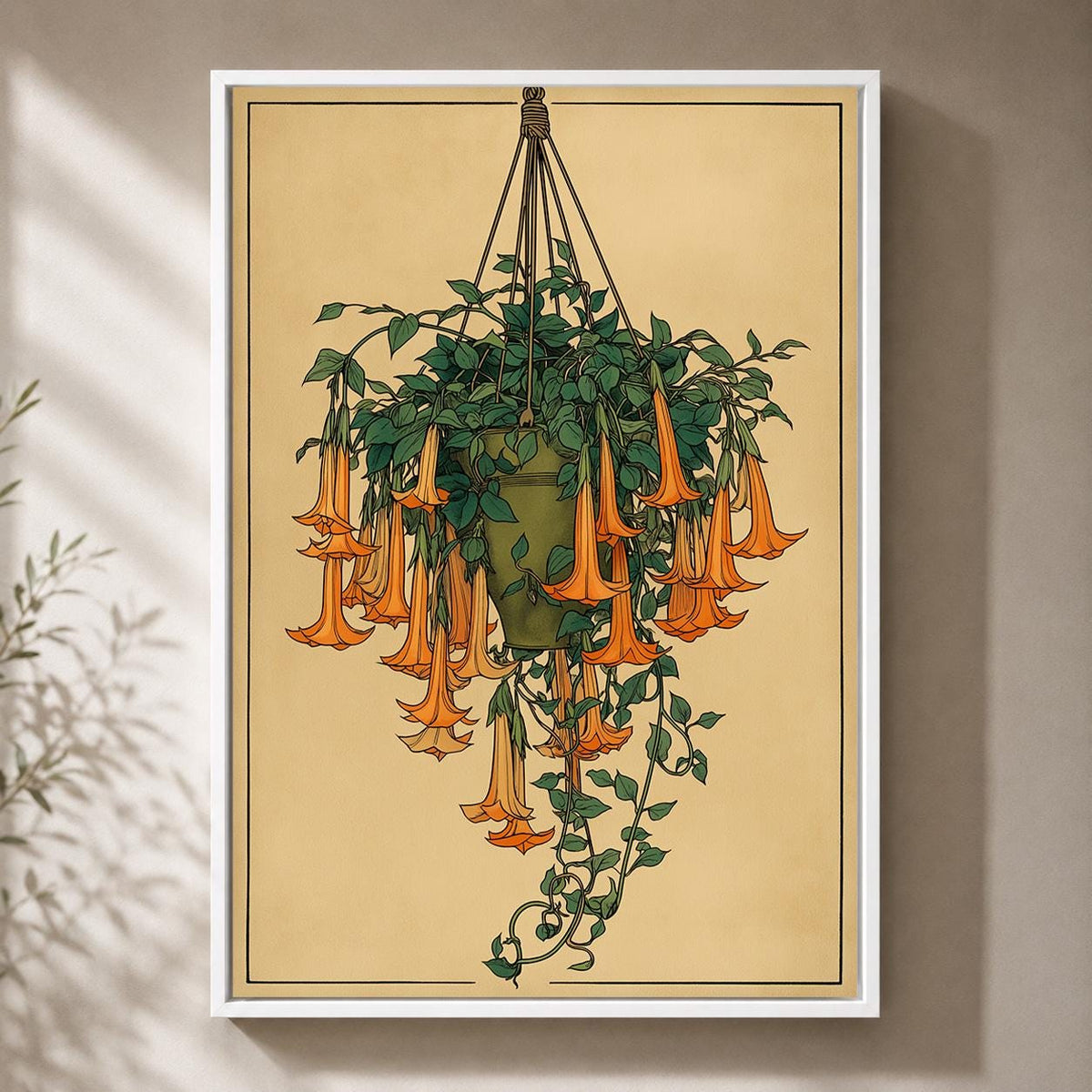 Hanging Angel Trumpet Botanical Framed Canvas, Vintage Flower Framed Canvas Artwork by The Wall Art Studio - physical