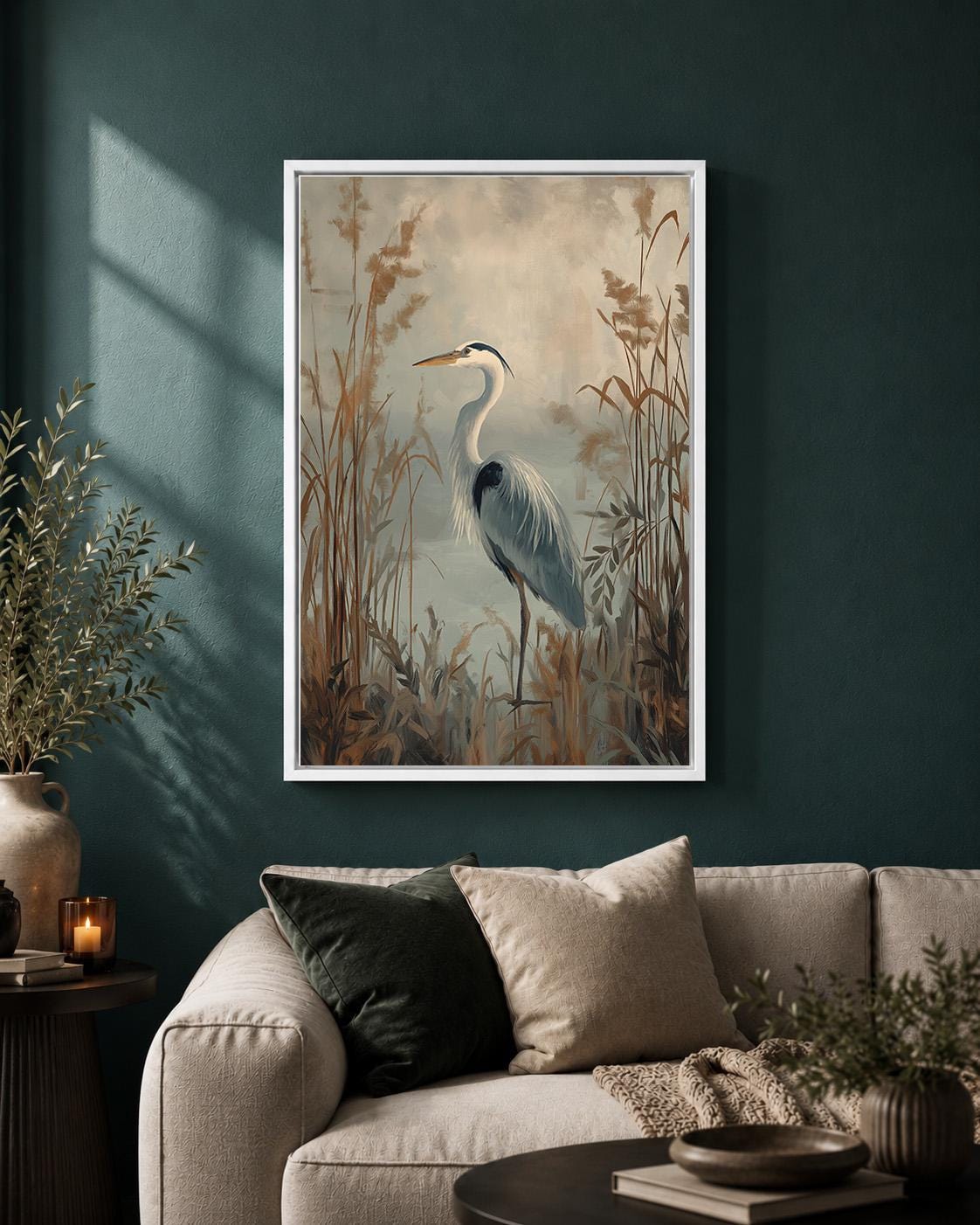 Heron Framed Canvas, Moody Coastal Bird Print, Neutral Marsh Landscape Artwork by The Wall Art Studio - physical