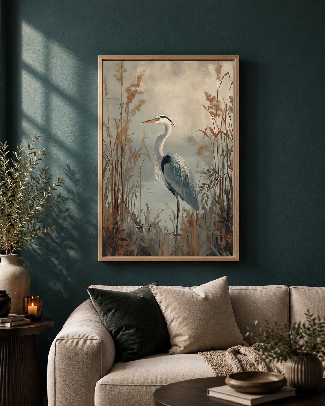 Heron Framed Canvas, Moody Coastal Bird Print, Neutral Marsh Landscape Artwork by The Wall Art Studio - physical