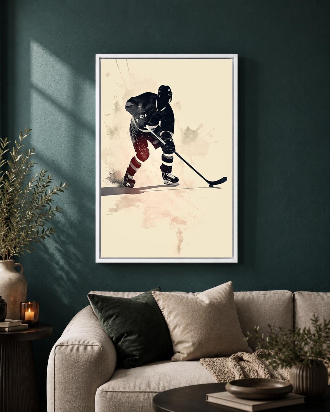 Ice Hockey Player Framed Canvas Art, Sports Wall Decor, Framed Action Print by The Wall Art Studio - physical