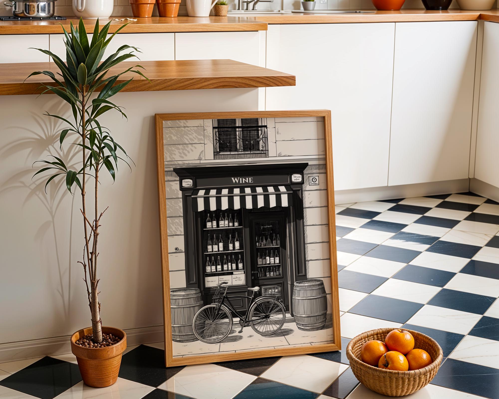 Black and White Vintage French Wine Shop Art Print
