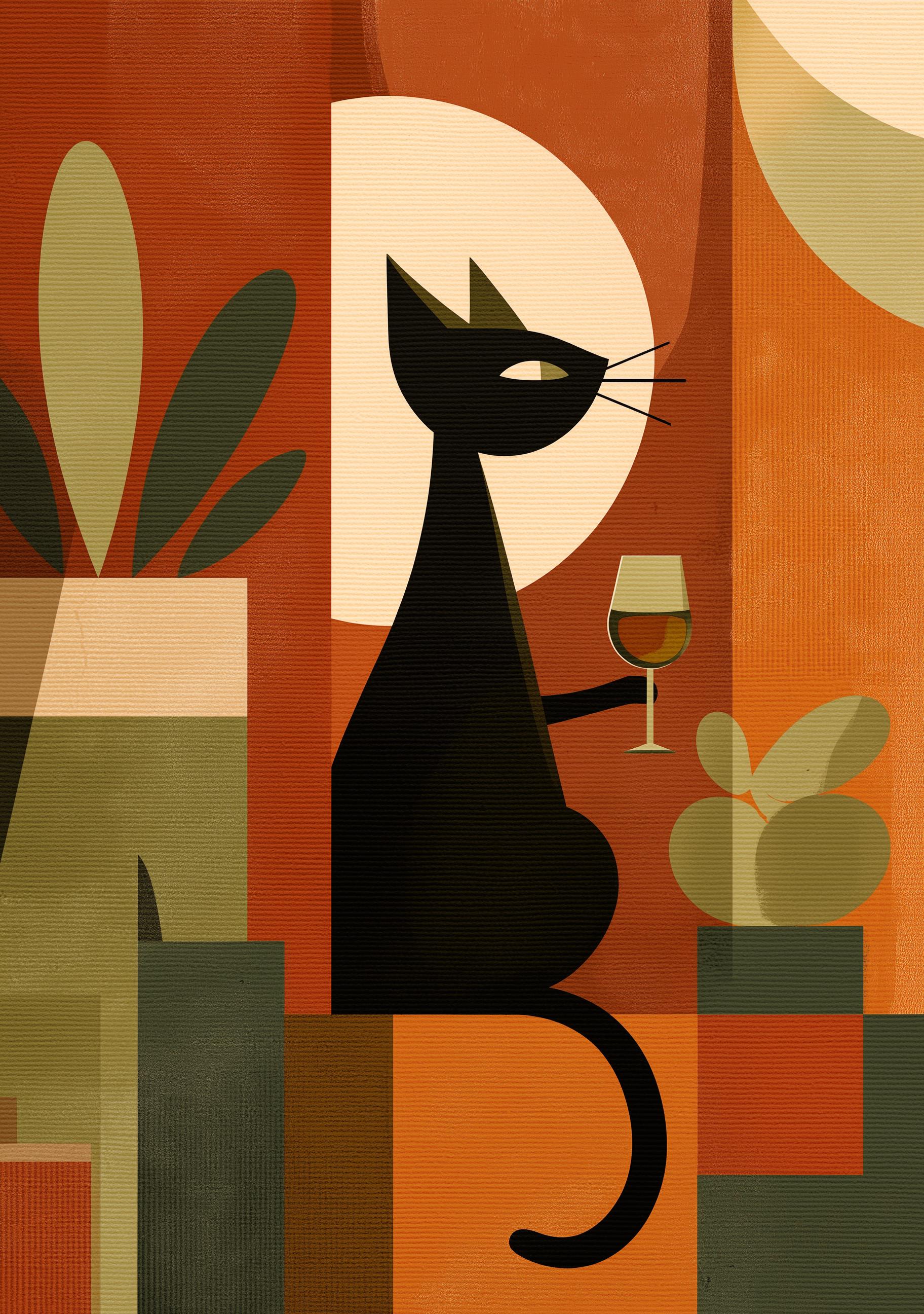 Cubist Cat With Wine Mid-Century Modern Wall Art 2