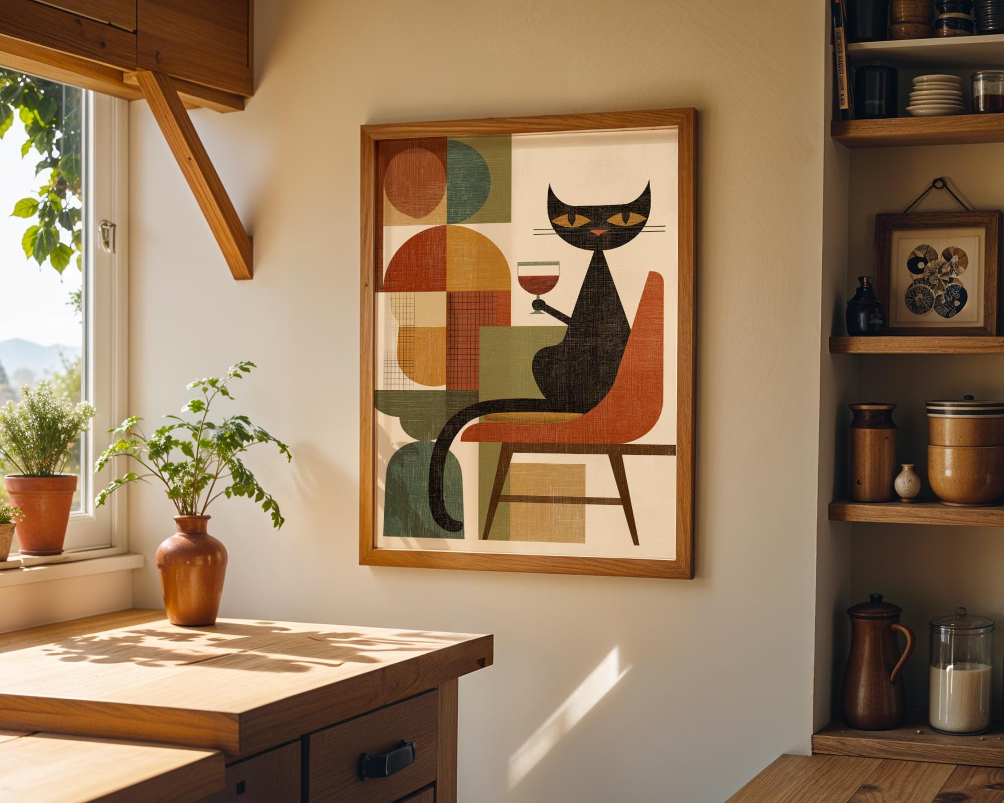 Cubist Cat with Wine Mid-Century Modern Wall Art